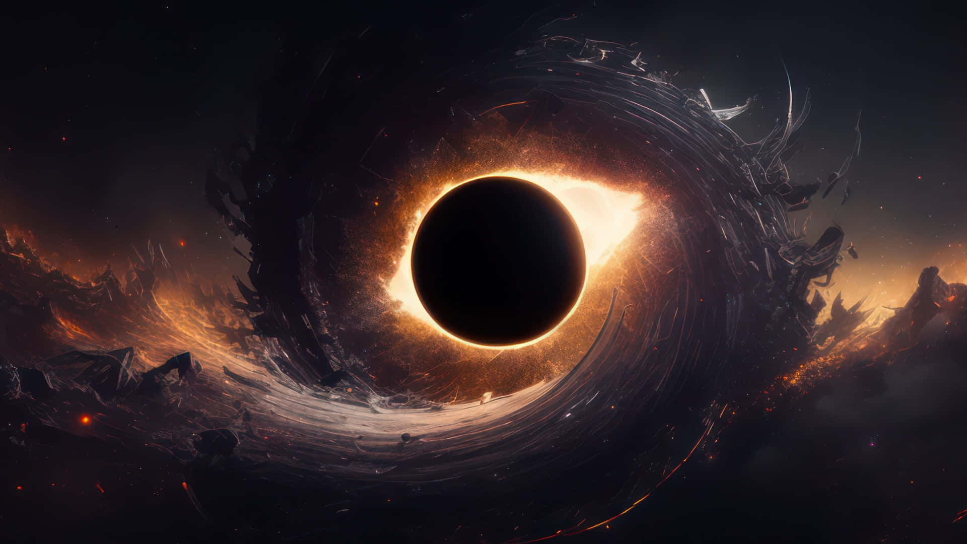 black hole, glowing orange accretion disk, dark void, Full HD Desktop Wallpaper