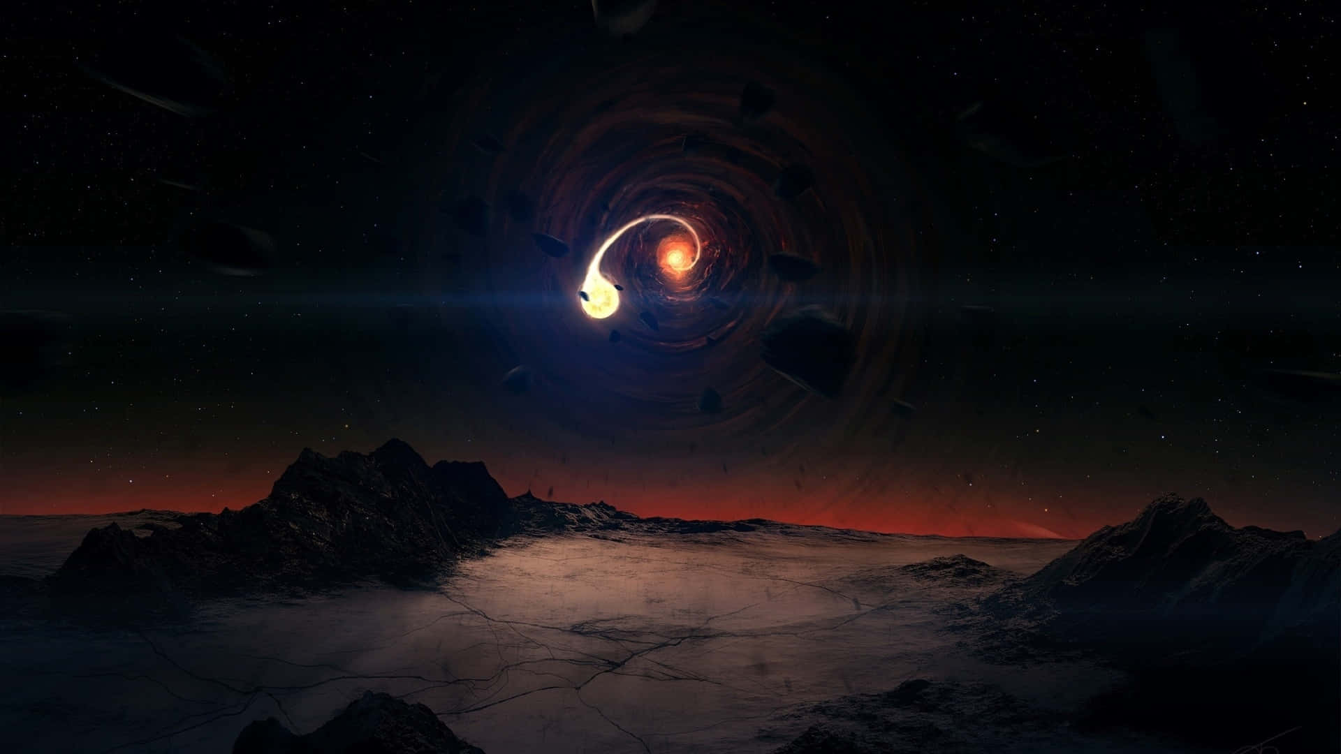 black hole accretion disk, glowing orange and white cores, cracked icy plain, Full HD Desktop Wallpaper