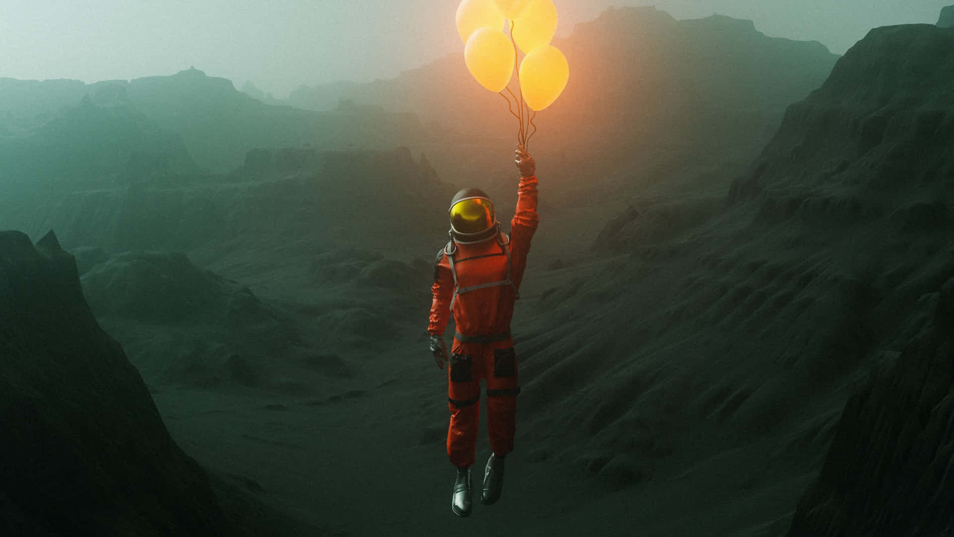 astronaut, orange suit, barren alien canyon, Full HD Desktop Wallpaper
