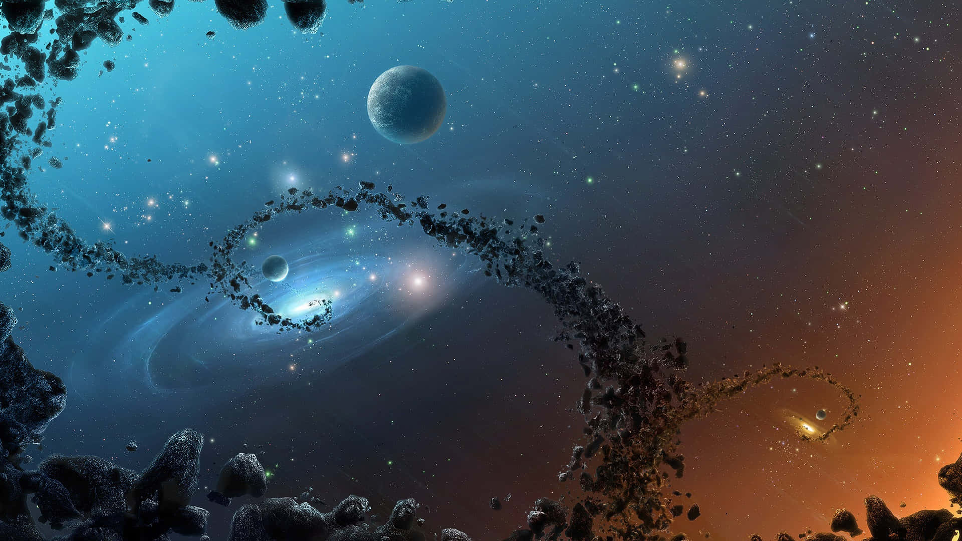 cosmic spiral galaxy, curved asteroid belt, planets, Full HD Desktop Wallpaper