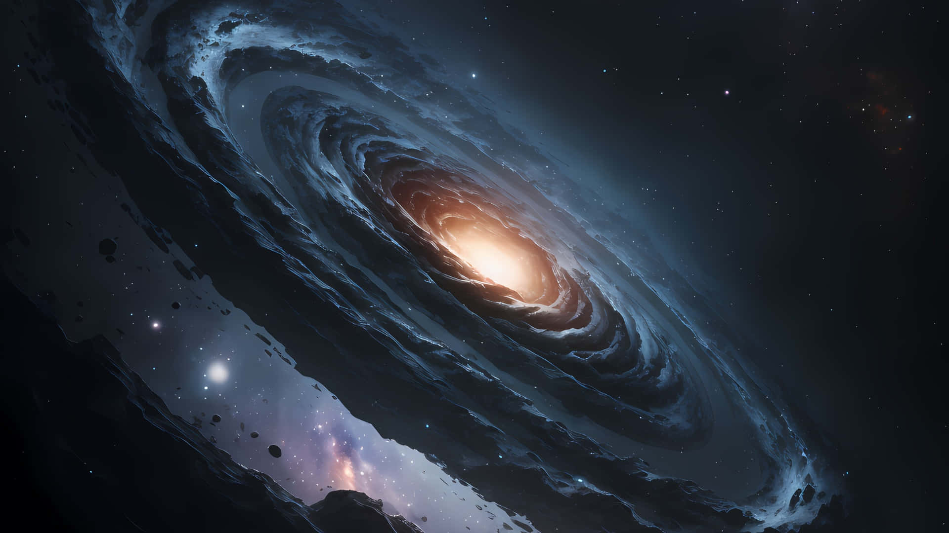 spiral galaxy, glowing orange core, swirling blue arms, Full HD Desktop Wallpaper