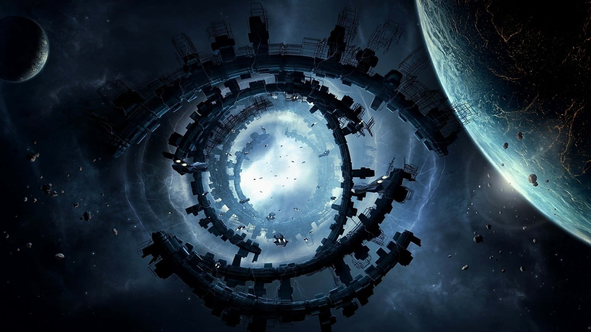 spiral space station, glowing blue planet, moon, Full HD Desktop Wallpaper