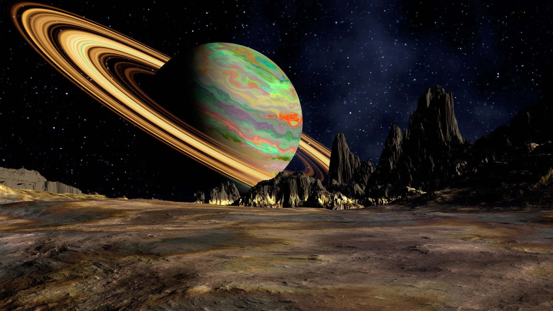 ringed planet, rocky terrain, swirling green orange and purple clouds, Full HD Desktop Wallpaper