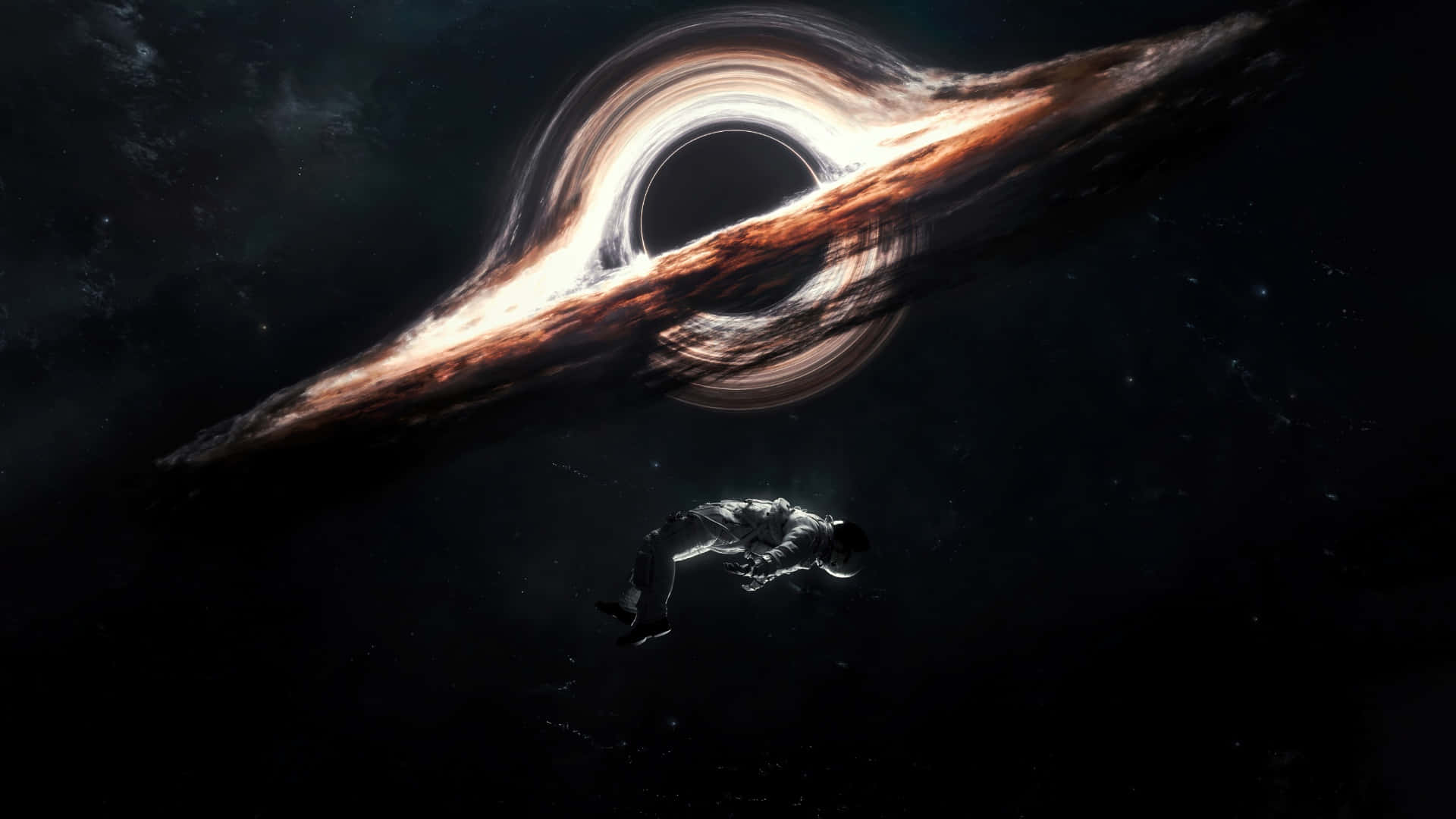 black hole, glowing accretion disk, astronaut, Full HD Desktop Wallpaper