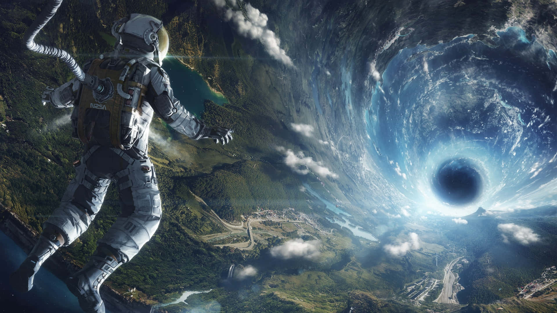 astronaut, lush green planet, swirling cosmic wormhole, Full HD Desktop Wallpaper