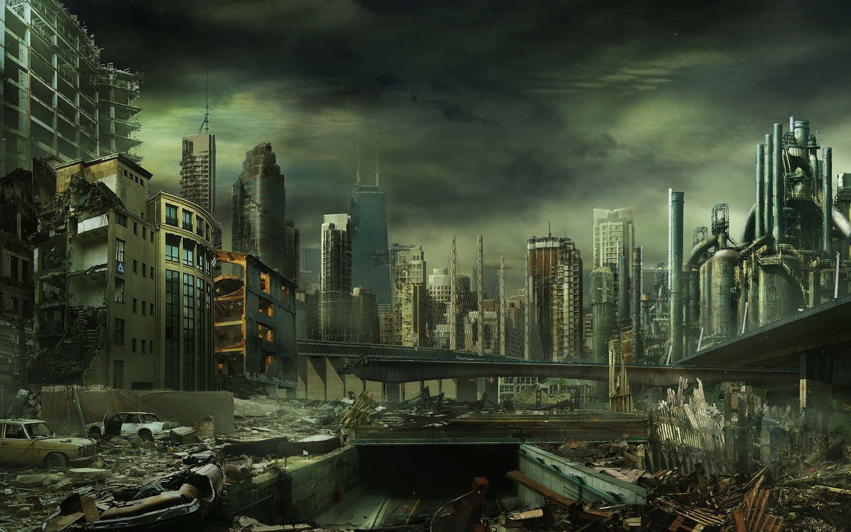 dystopian cityscape, stormy green sky, collapsed buildings, HD Desktop Wallpaper
