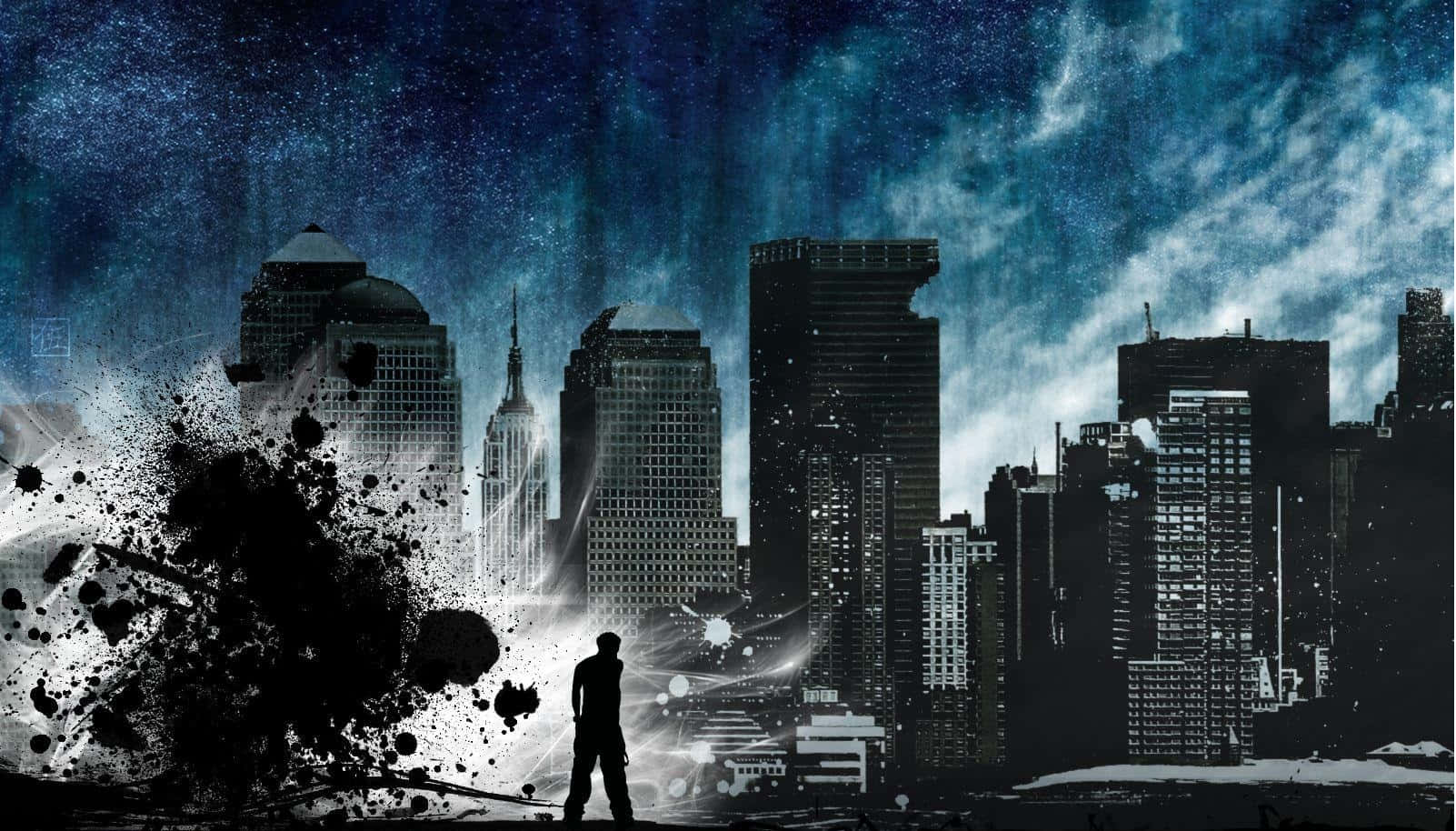 futuristic city skyline, stormy cosmic sky, black ink splatters, HD Desktop Wallpaper