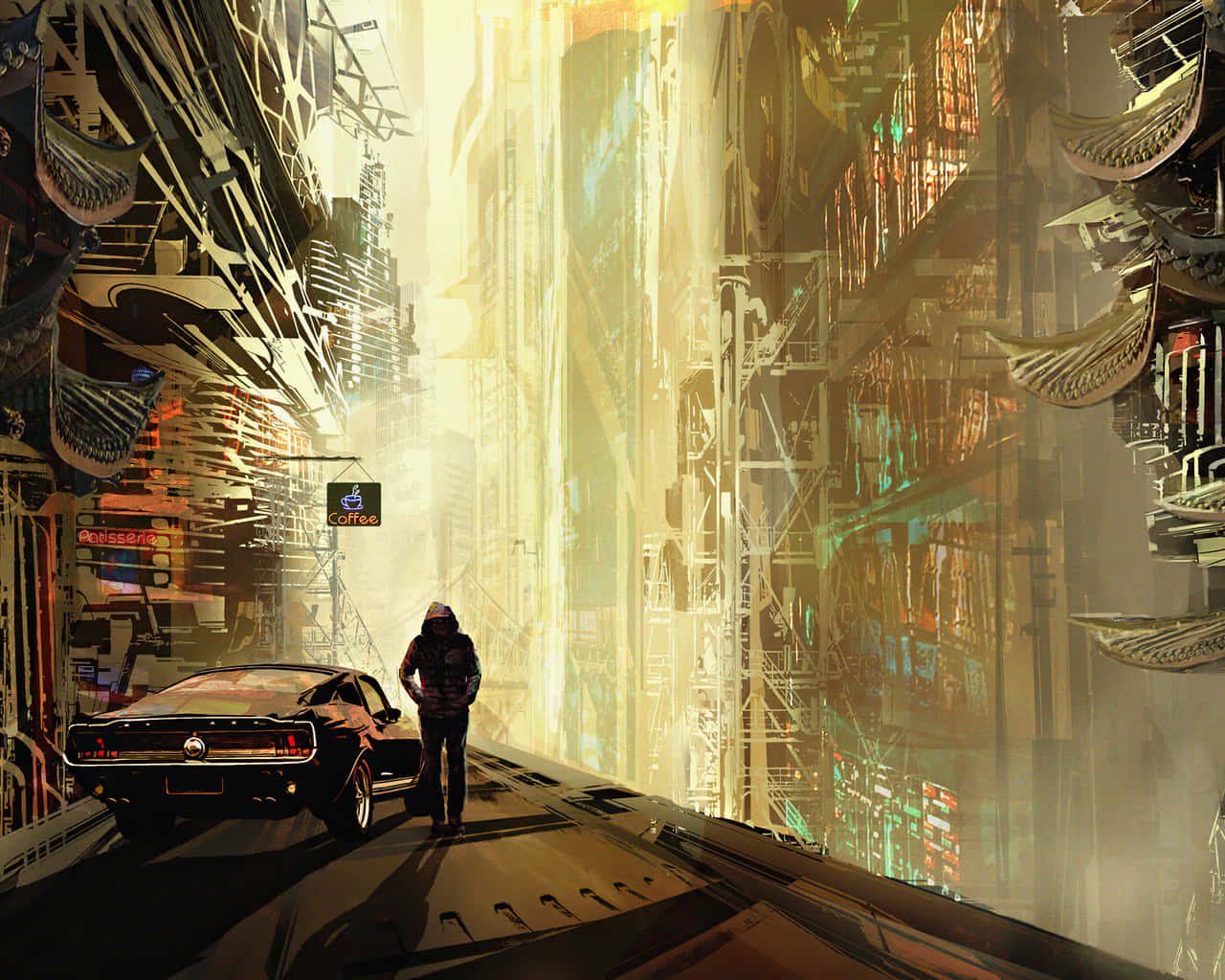 neon-lit cyberpunk cityscape, classic muscle car, lone figure, HD Desktop Wallpaper