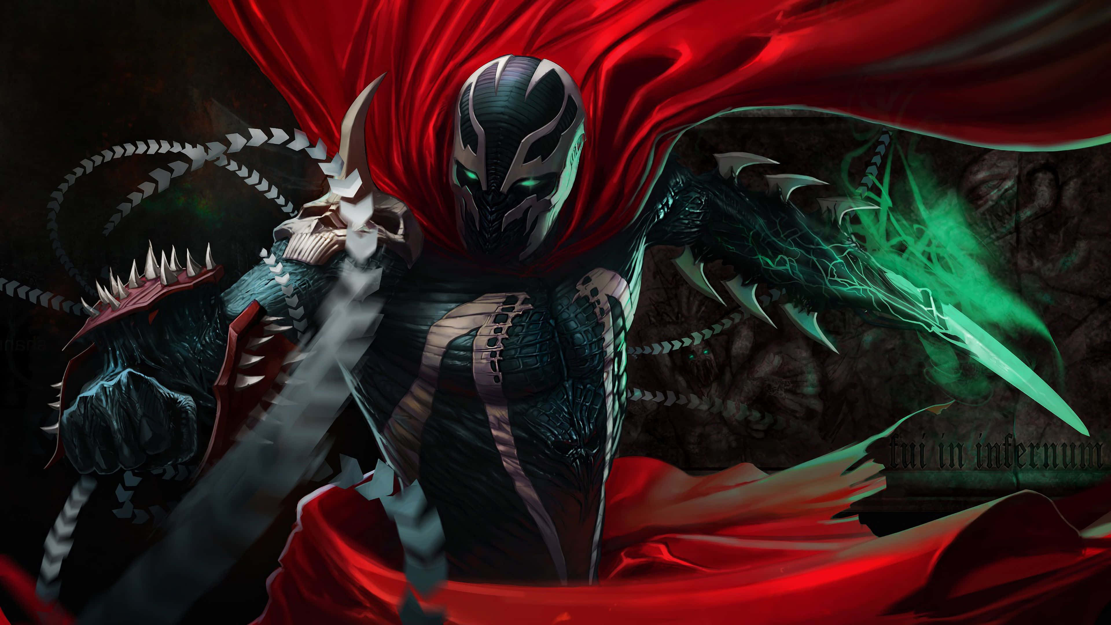Spawn, glowing green eyes, flowing red cape, 4K Desktop Wallpaper
