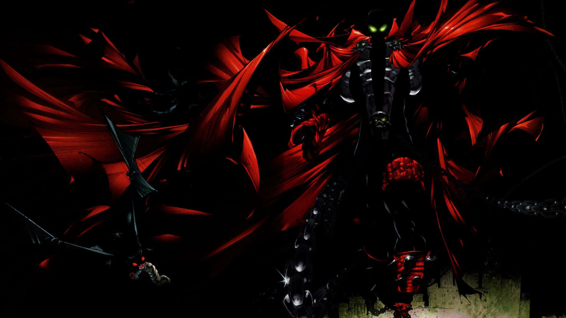 Spawn HD, red and black anime character, glowing green eyes, Full HD Desktop Wallpaper