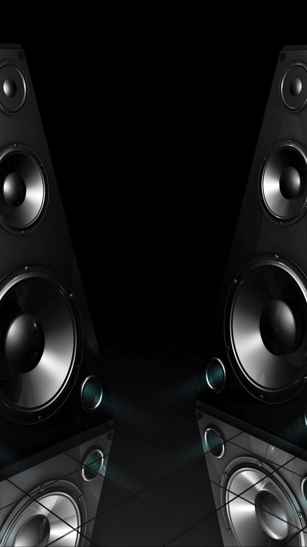 black tall speakers system, mirror portrait, silver cones, Full HD Phone Wallpaper