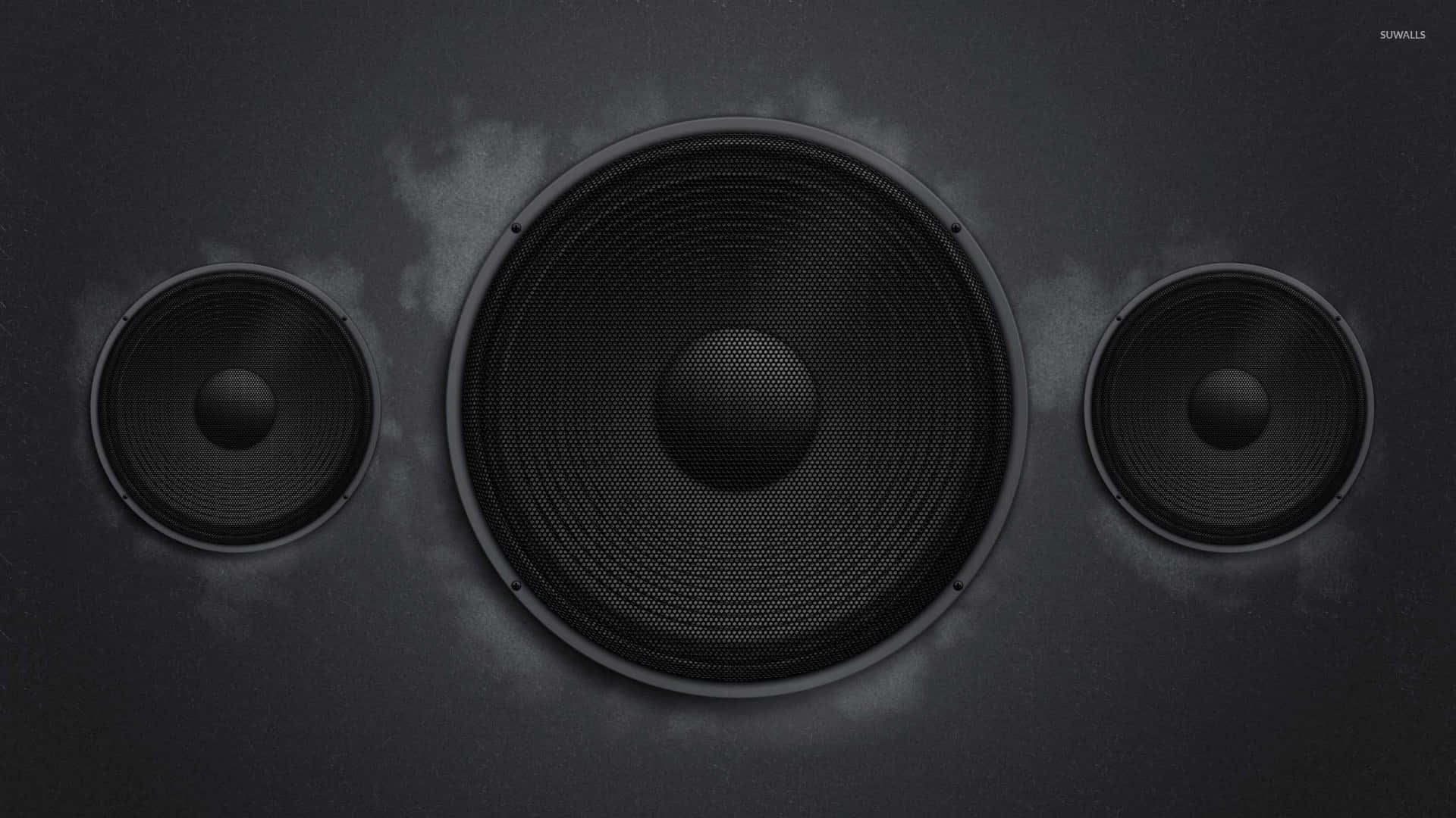 black vintage music speakers, mesh grilles, dark smoky background, Full HD Desktop Wallpaper