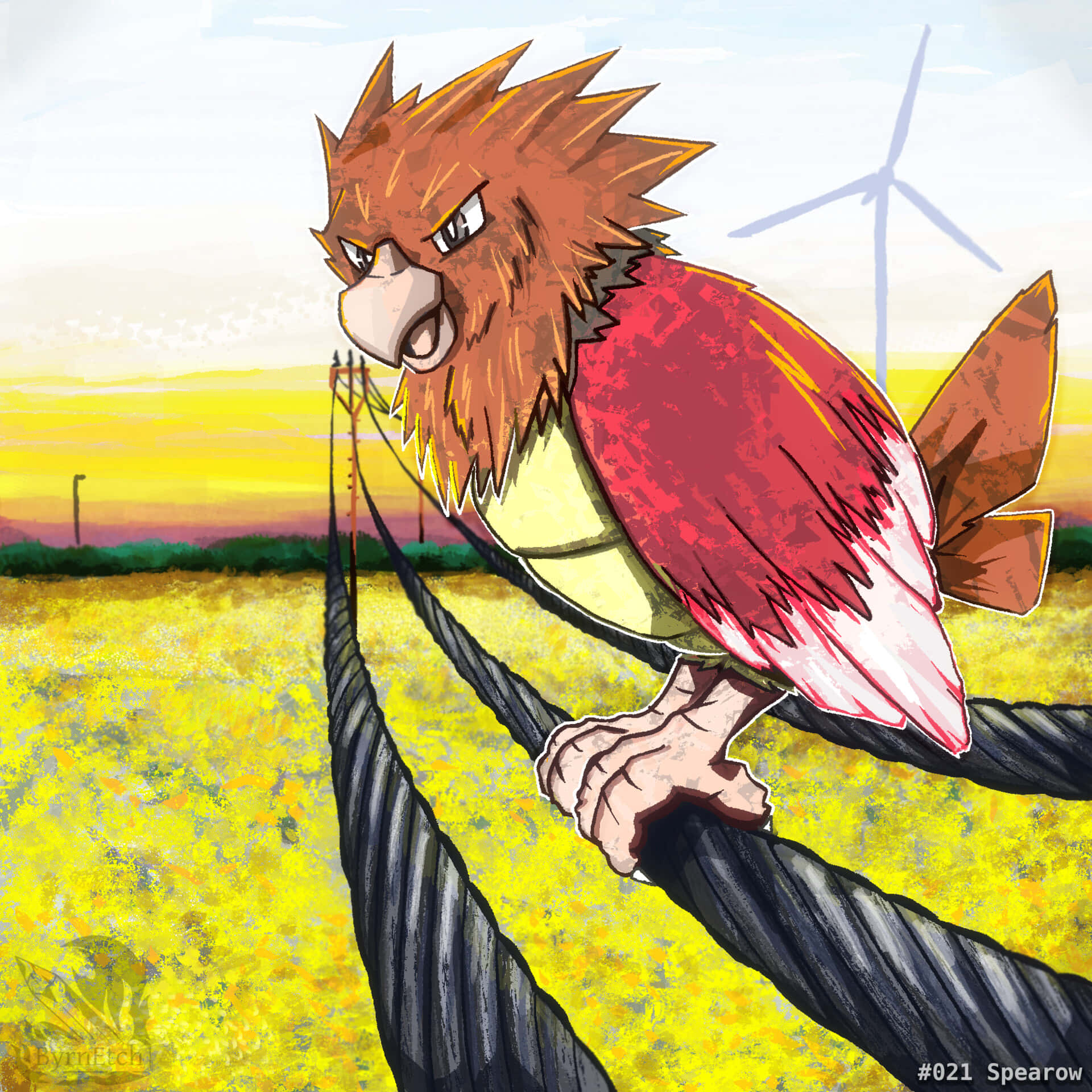 Spearow, power line, golden sunset, Full HD Desktop Wallpaper