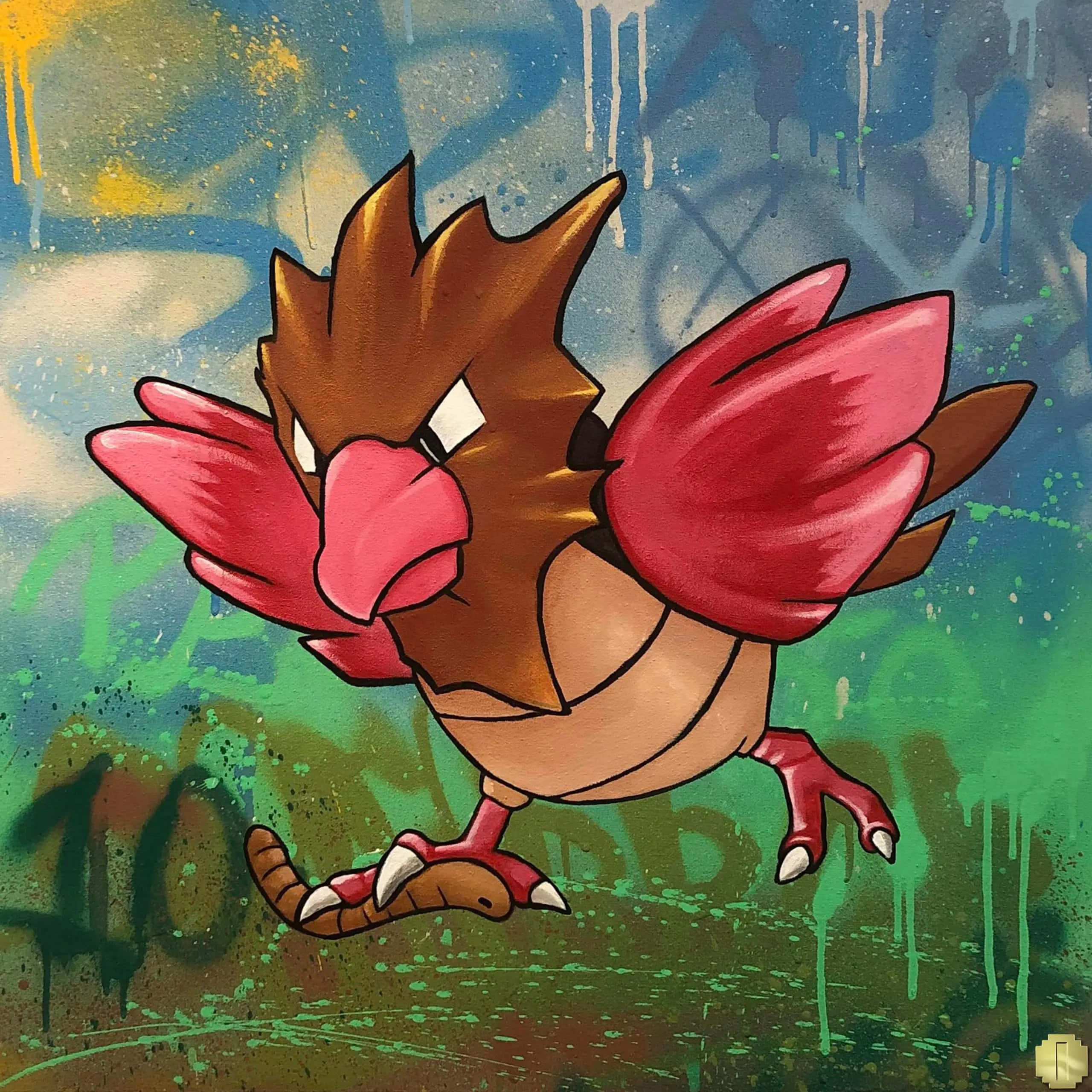 Spearow, graffiti-splattered wall, dripping paint, 2K Desktop Wallpaper