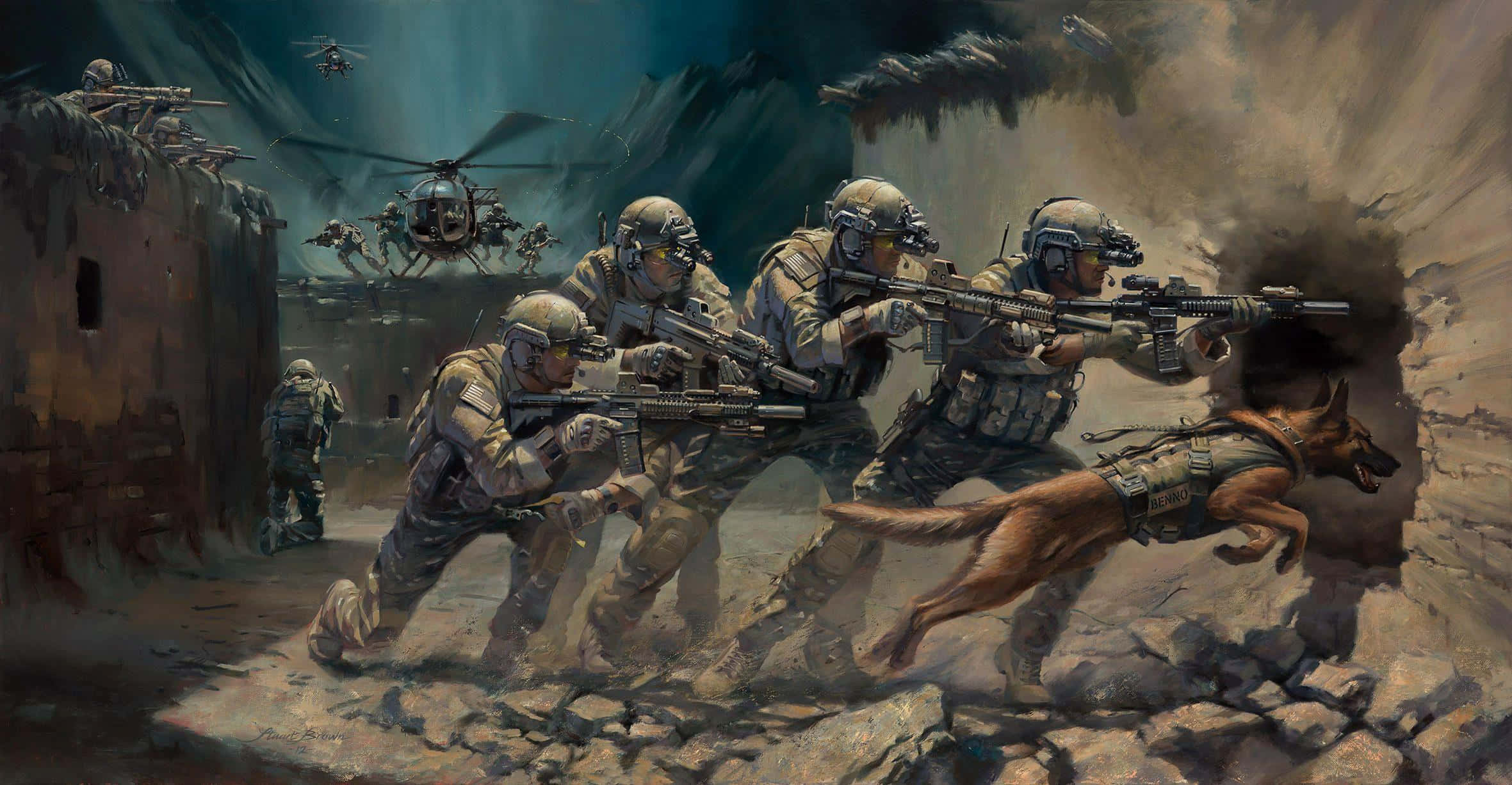 Special Forces, military dog, dusty ruined village, Full HD Desktop Wallpaper