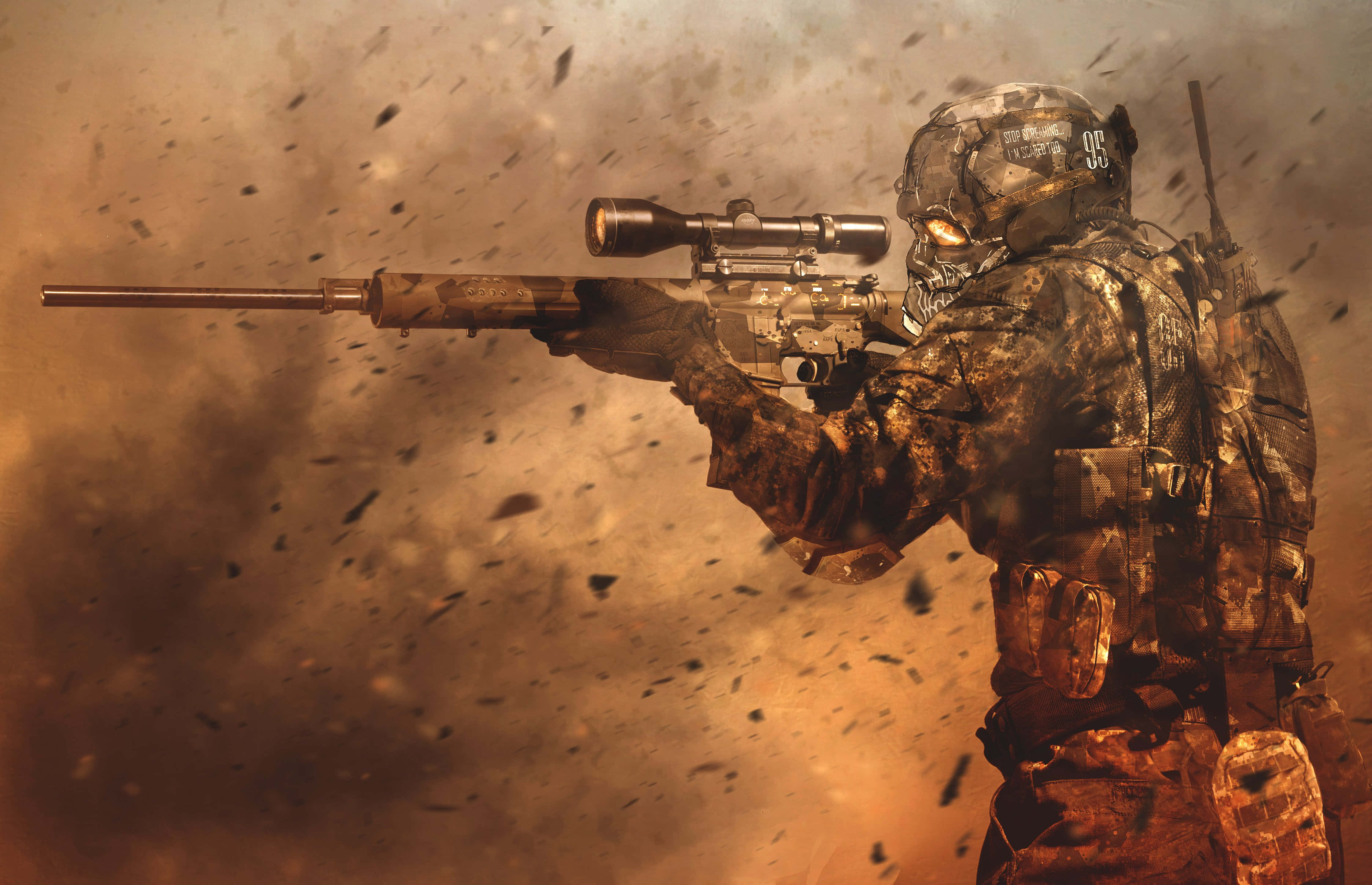 camouflage gear, sniper rifle, gritty battlefield scene, 4K Desktop Wallpaper