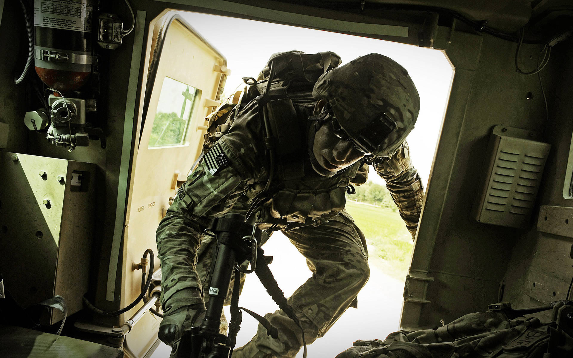 military soldier, full gear, military vehicle, Full HD Desktop Wallpaper