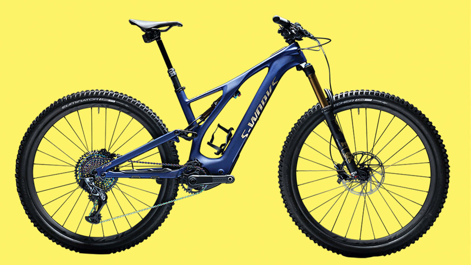 Specialized mountain bike, blue, gold front fork, HD Desktop Wallpaper