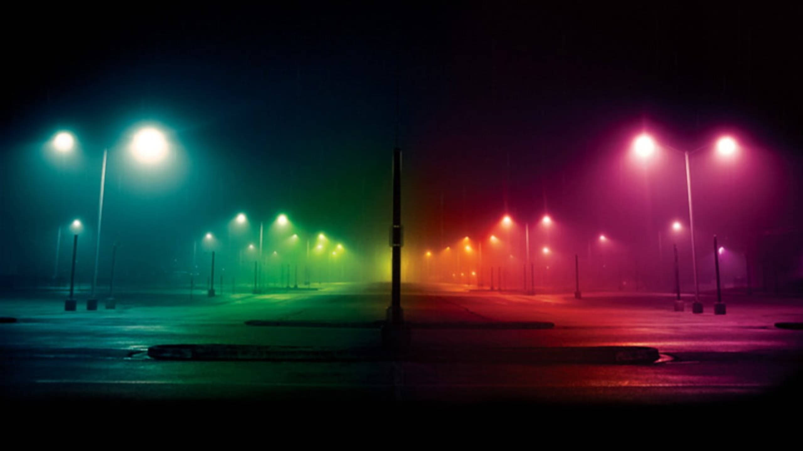 Spectrum, street lamp post, rain-slicked empty street, 2K Desktop Wallpaper