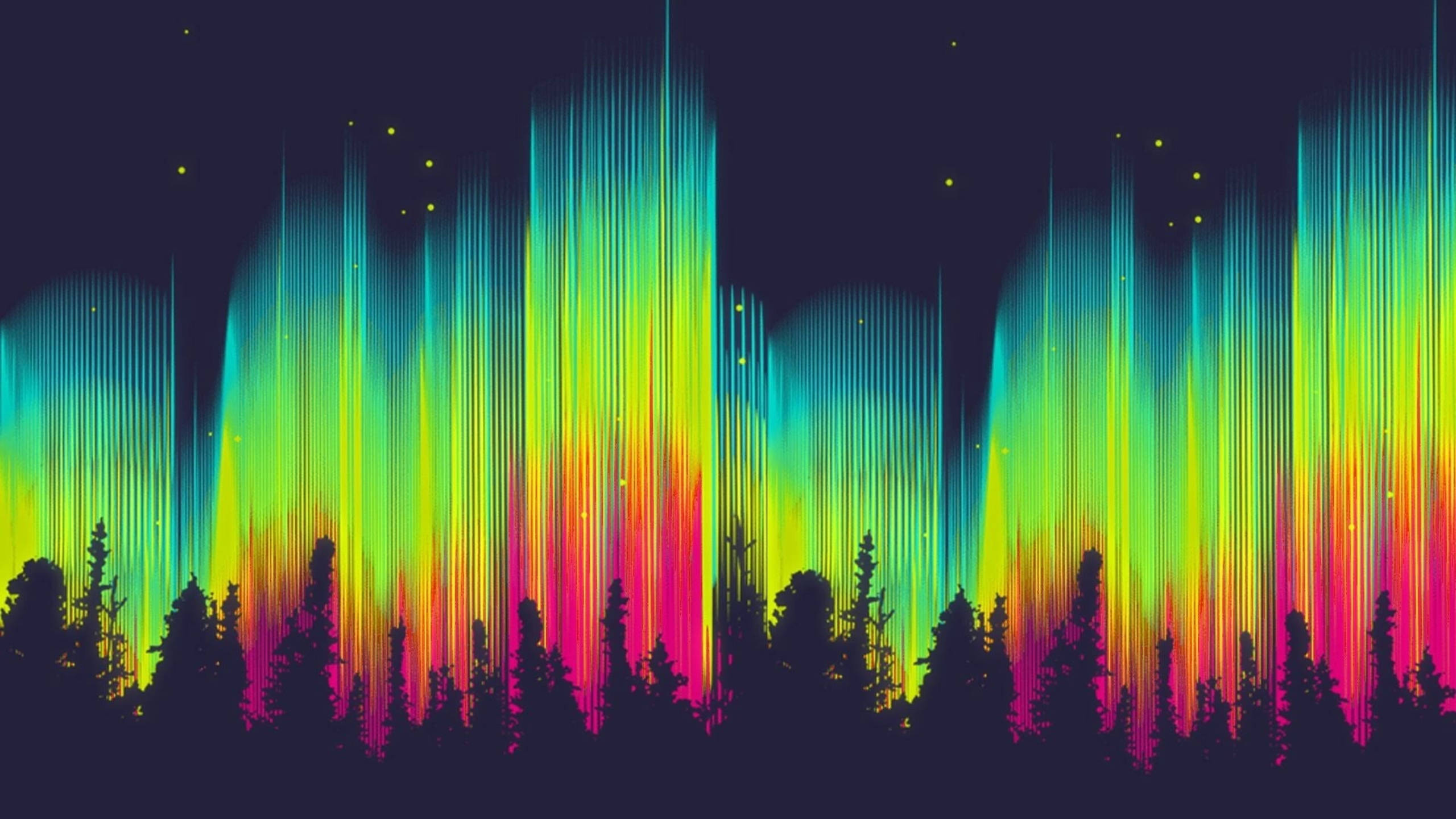 Spectrum, aurora, trees, 2K Desktop Wallpaper