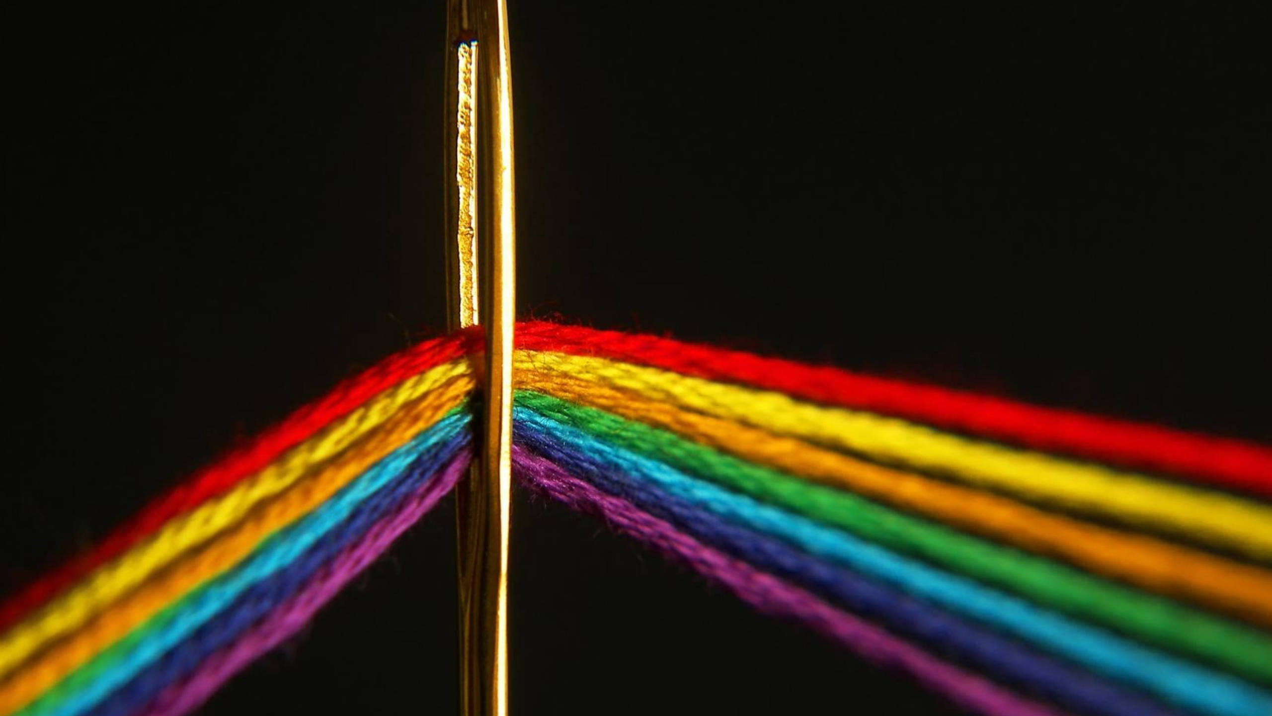 Spectrum, golden needle, vibrant rainbow yarn threads, 2K Desktop Wallpaper