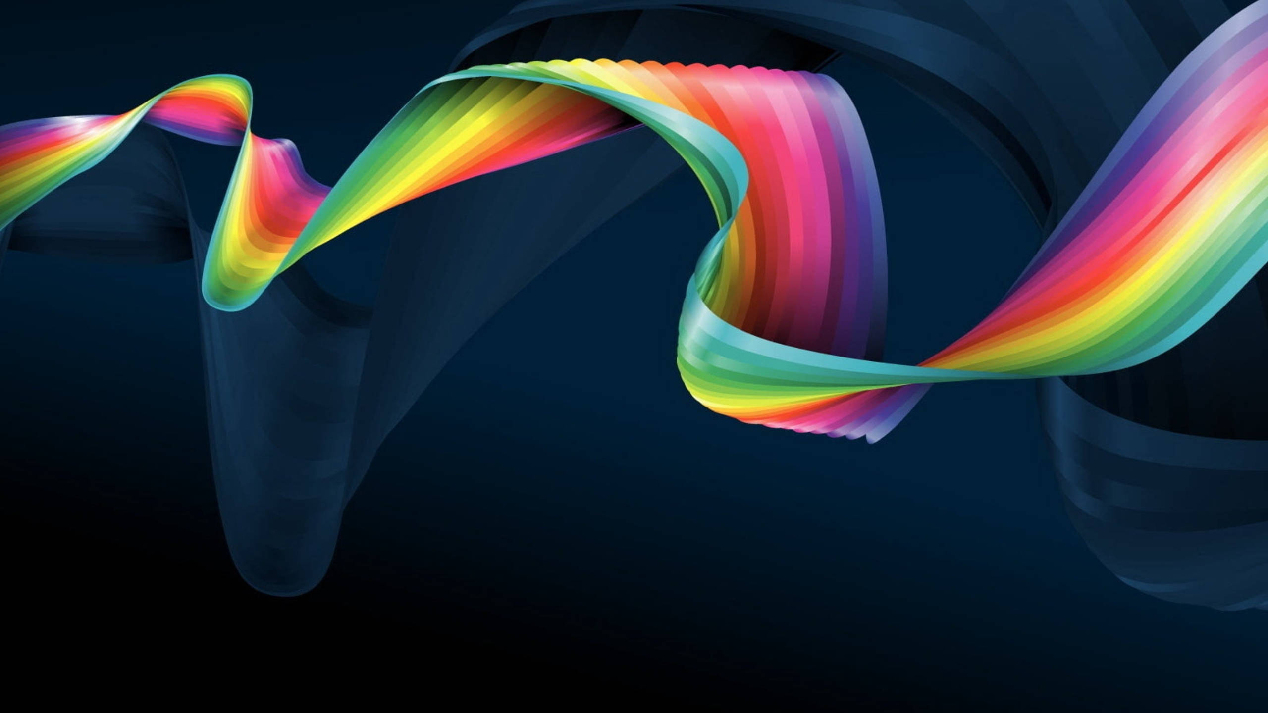 Spectrum Wave, rainbow ribbons, deep dark blue background, 2K Desktop Wallpaper