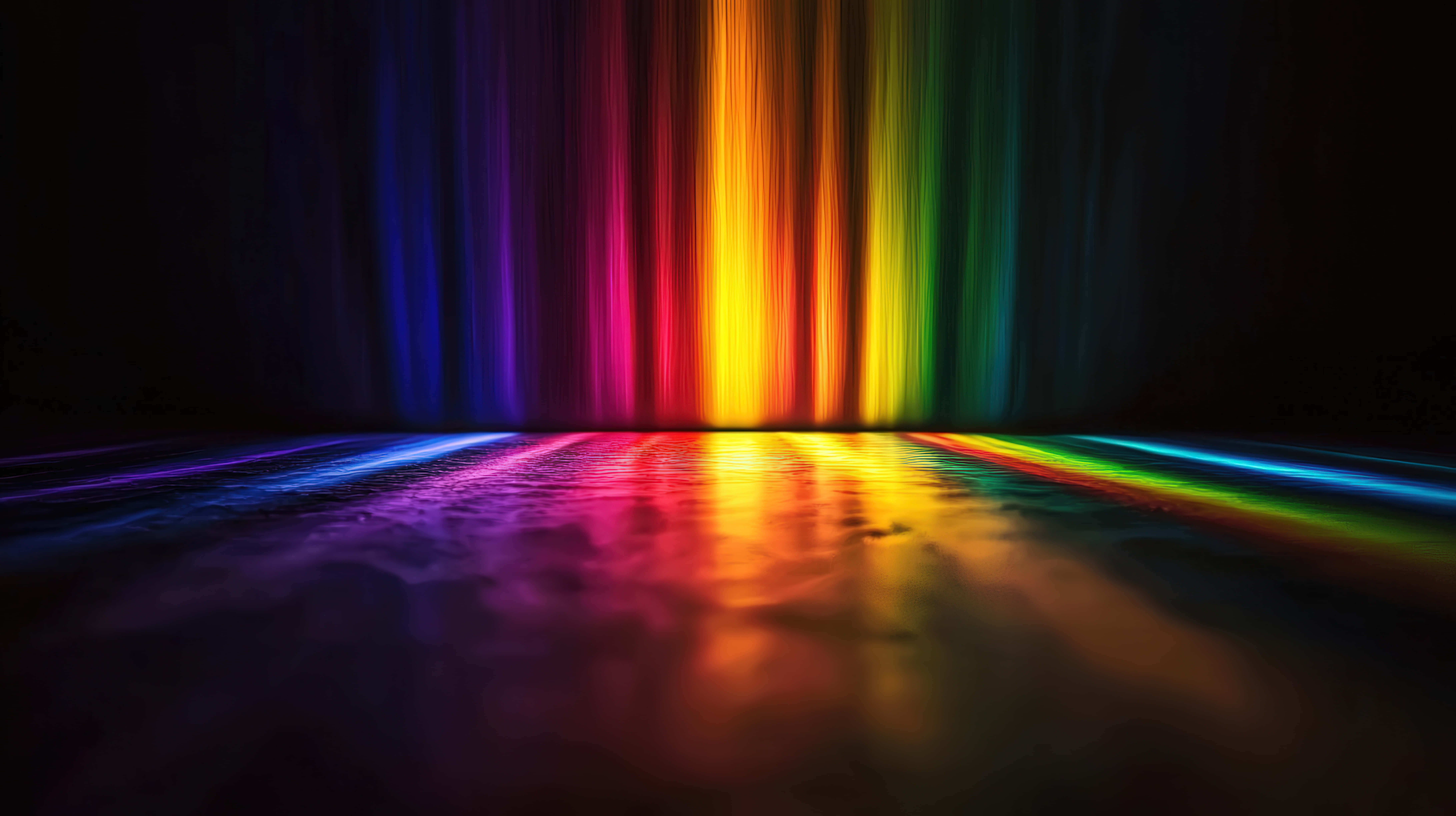 rainbow light, reflective surface, dark void, 8K Desktop Wallpaper