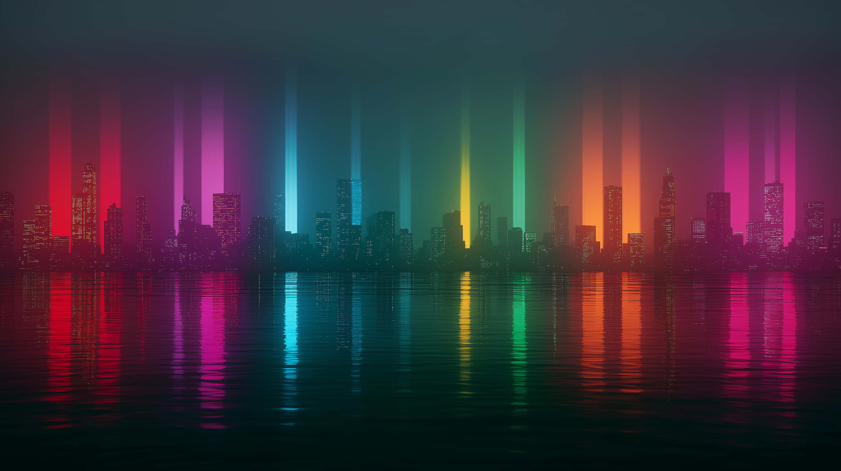 neon cityscape, vertical neon beams, red pink cyan green orange, 2K Desktop Wallpaper