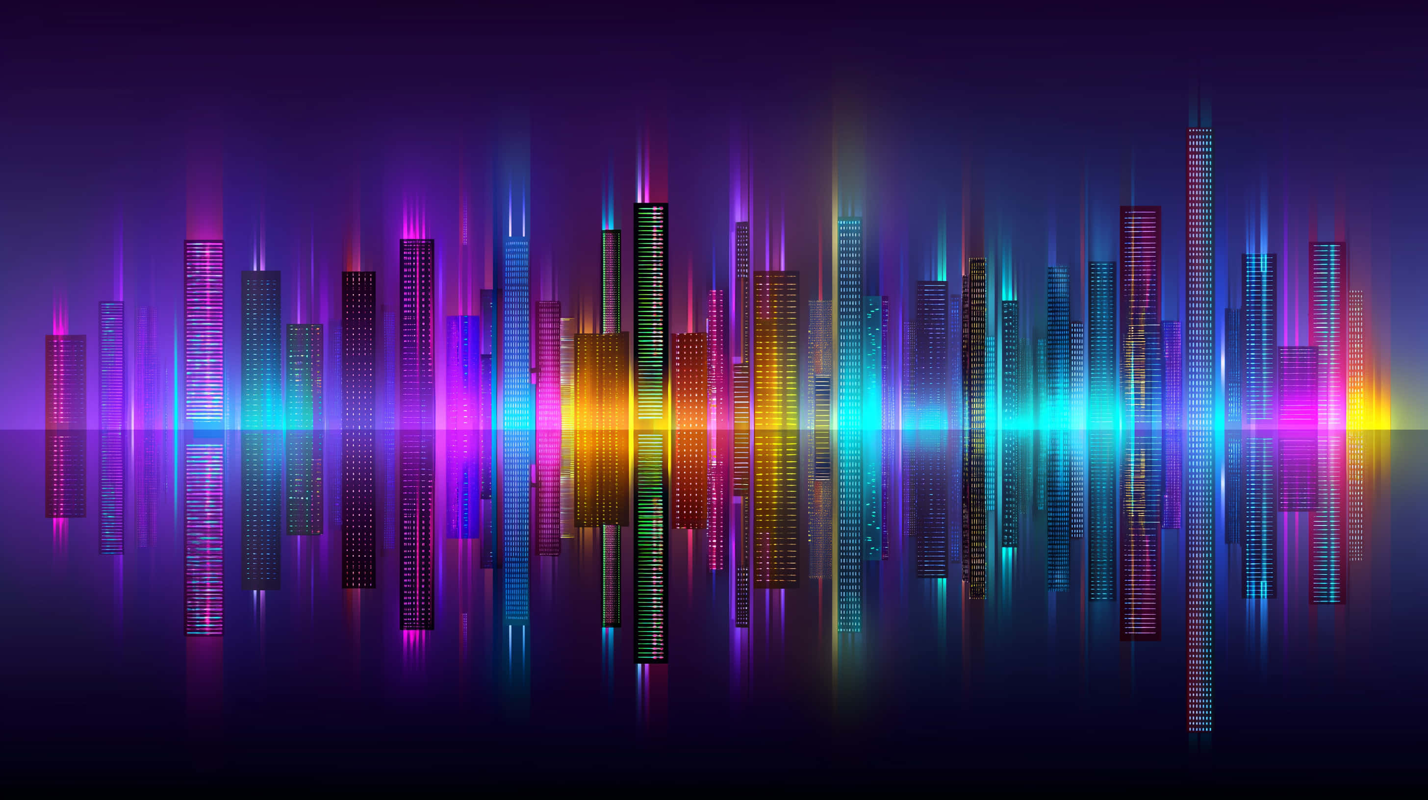 neon city skyline, glowing skyscrapers, water reflection, 2K Desktop Wallpaper