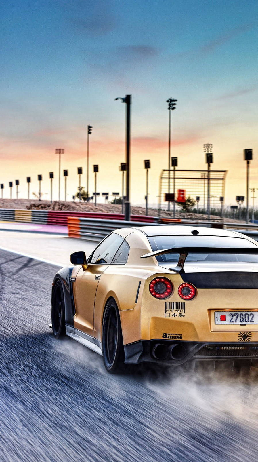 gold Nissan GT-R, track, sunset, HD Phone Wallpaper
