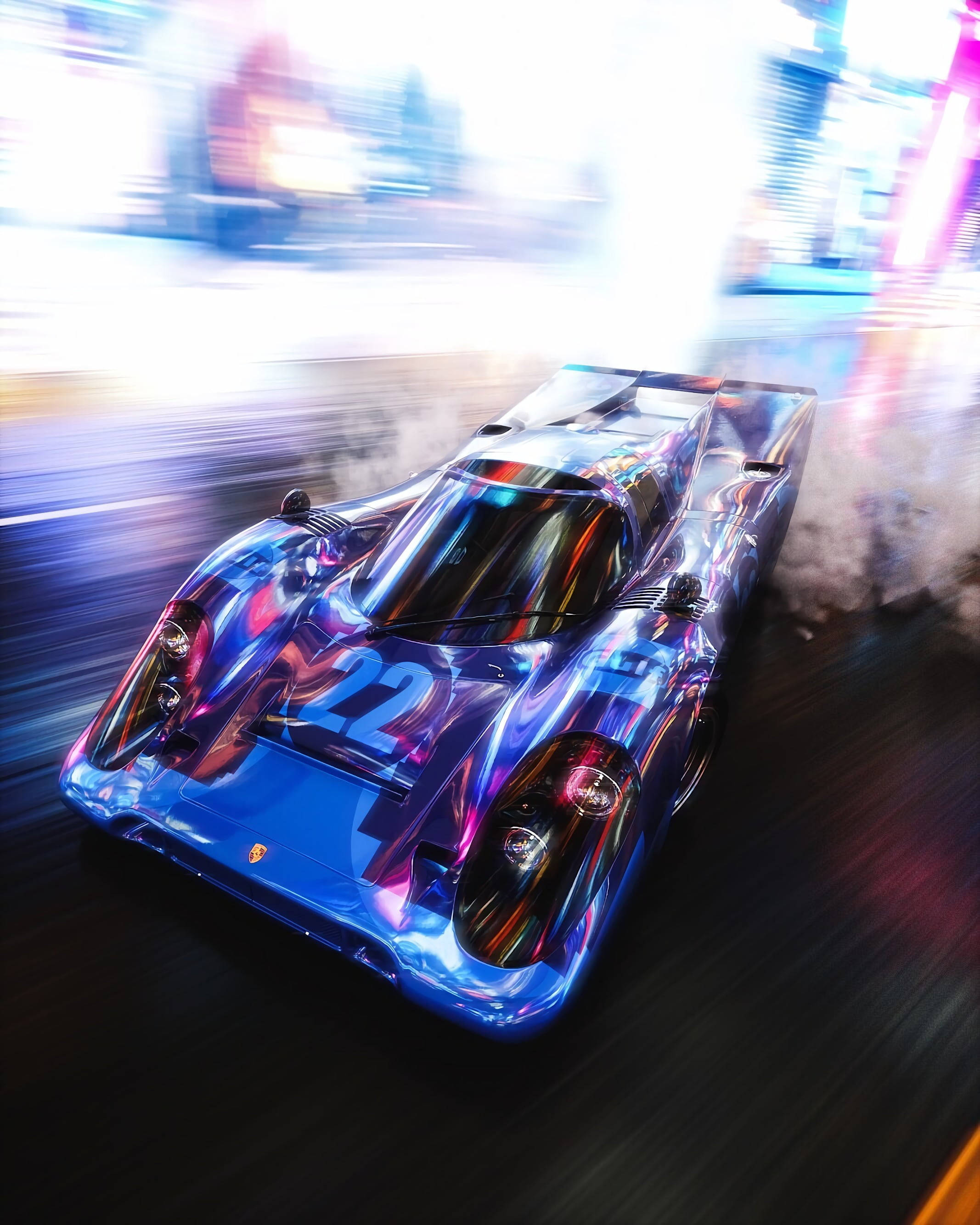 purple racecar, Speed iPhone, neon-lit city street, 2K Phone Wallpaper