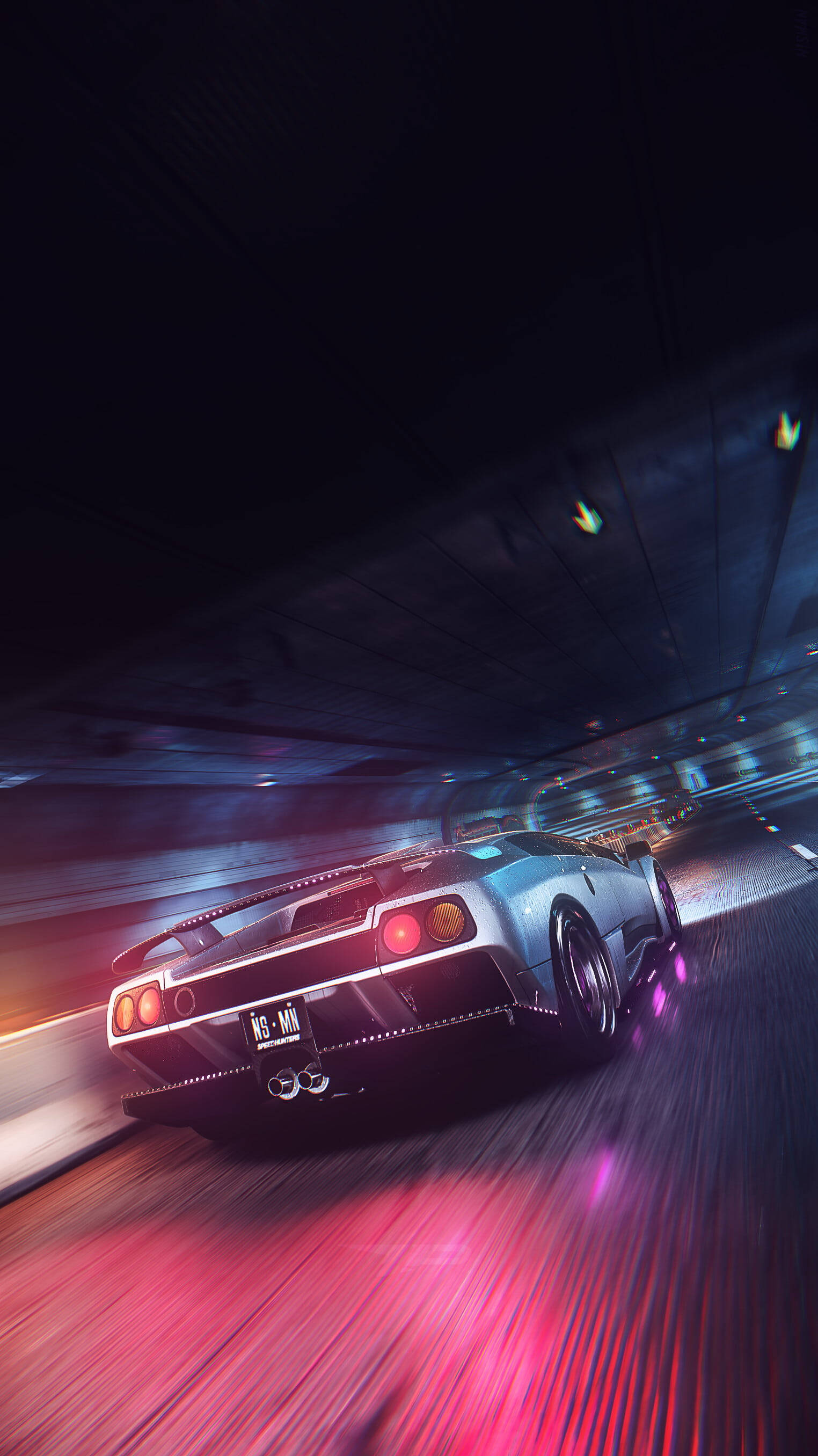 silver sports car, neon-lit tunnel, glowing red taillights, 2K Phone Wallpaper