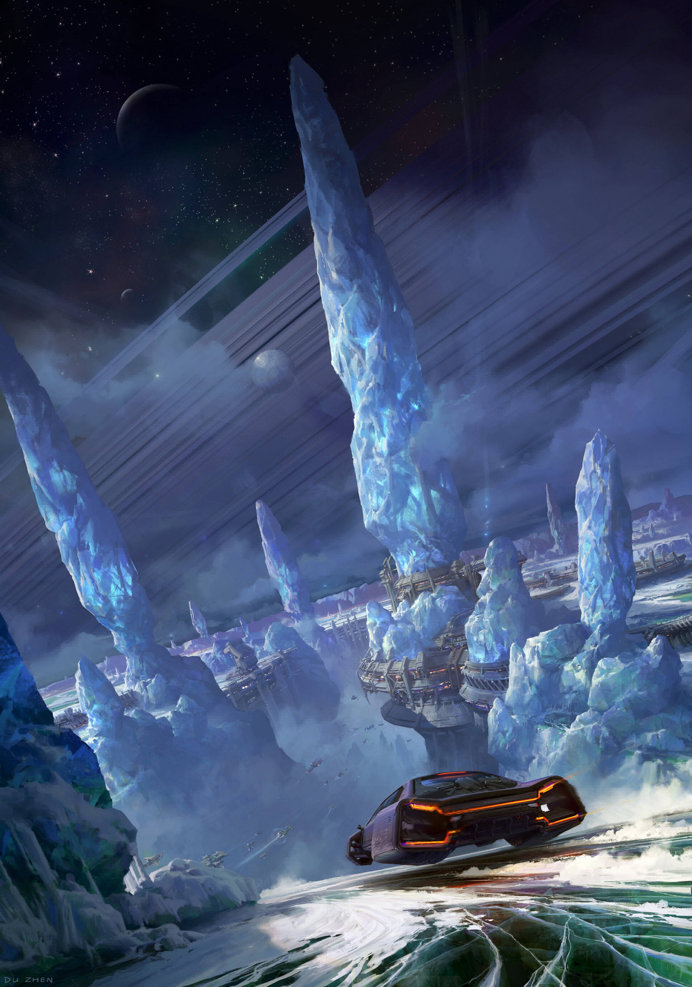 futuristic car, icy terrain, crystalline spires, 4K Phone Wallpaper