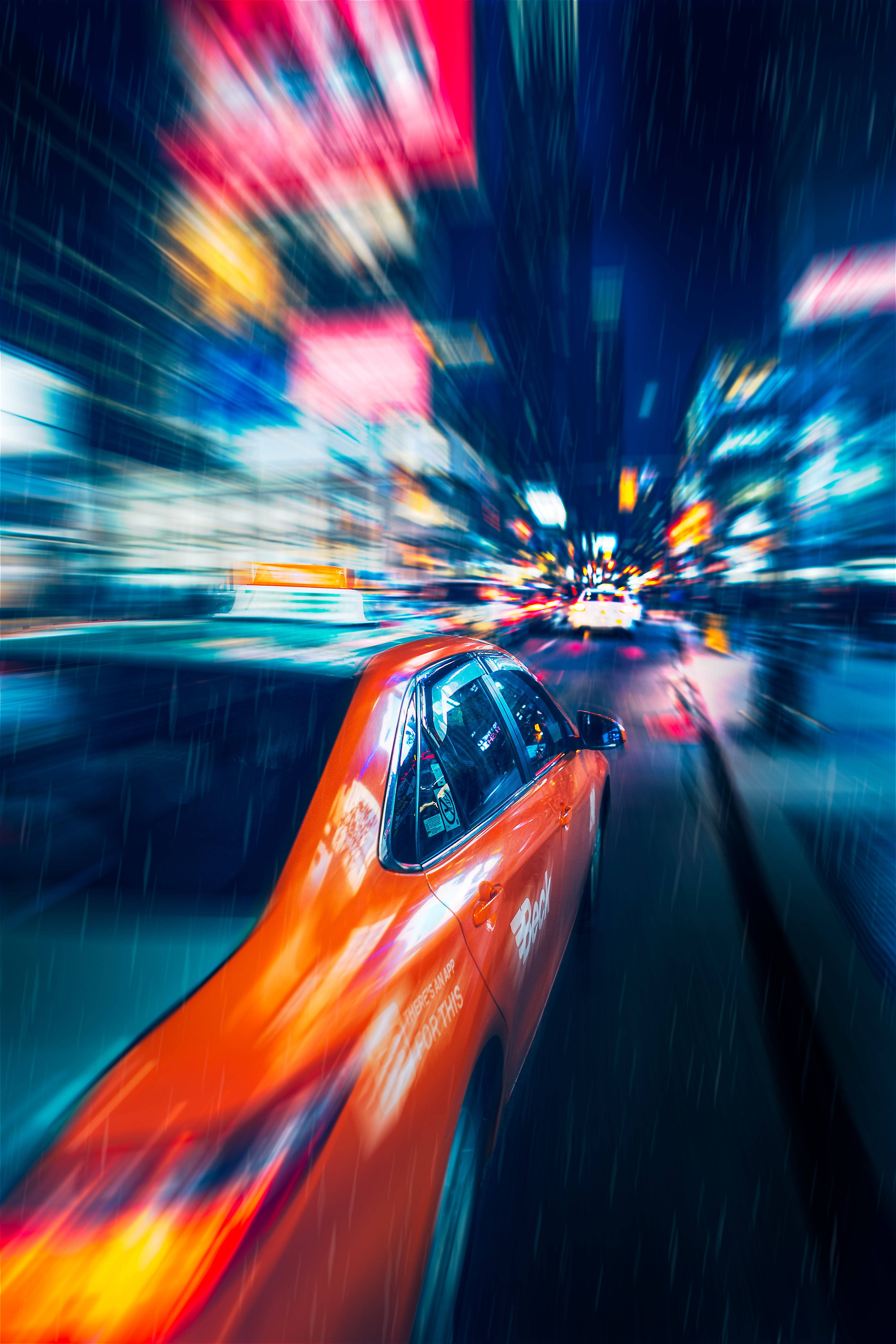 taxi, rain, neon city, 5K Phone Wallpaper
