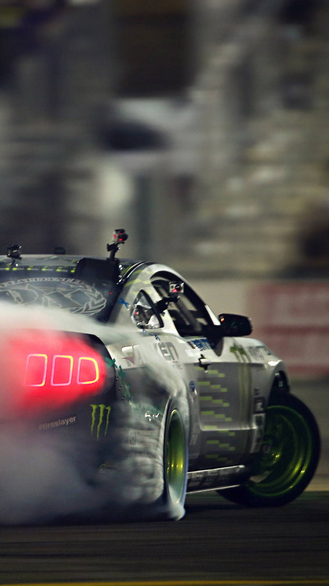 green and gray racecar, glowing red taillights, green wheels, Full HD Phone Wallpaper