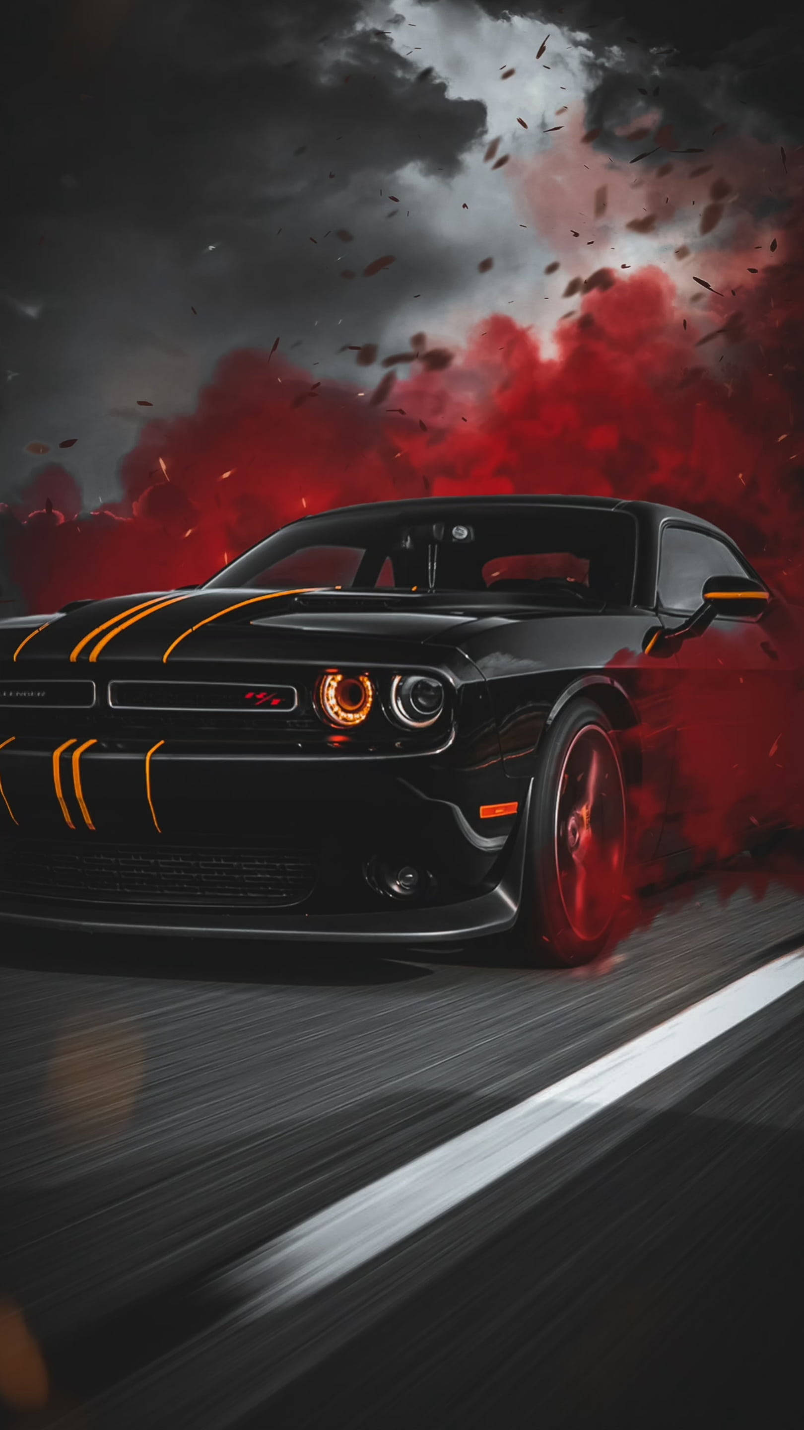 black muscle car, orange stripes, stormy sky, 2K Phone Wallpaper
