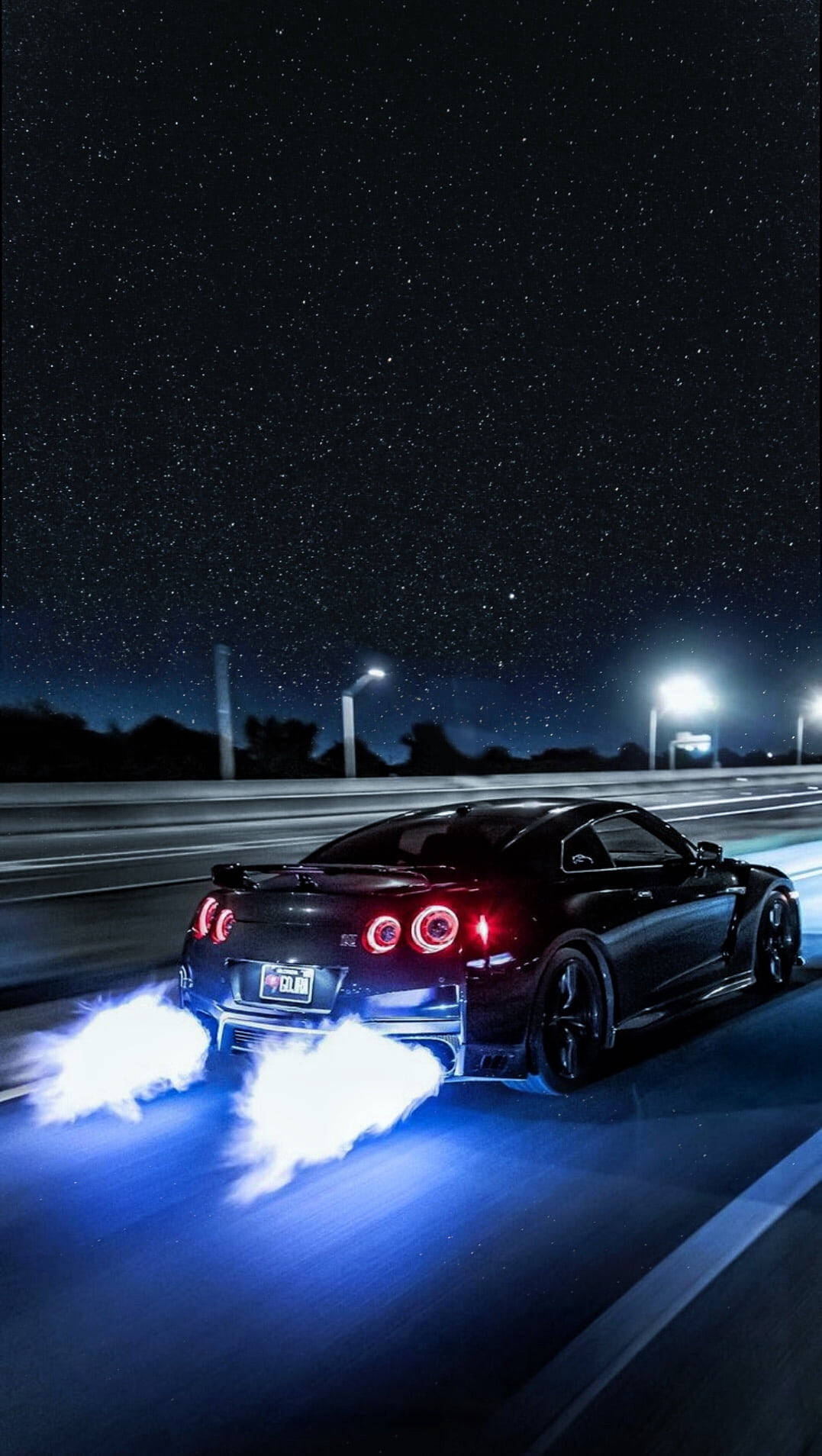 black sports car, highway, starry sky, HD Phone Wallpaper