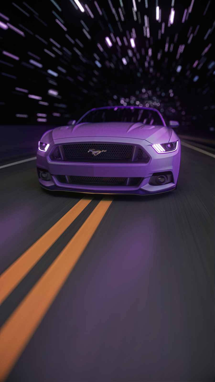 purple Ford Mustang, dark road, streaking purple lights, HD Phone Wallpaper