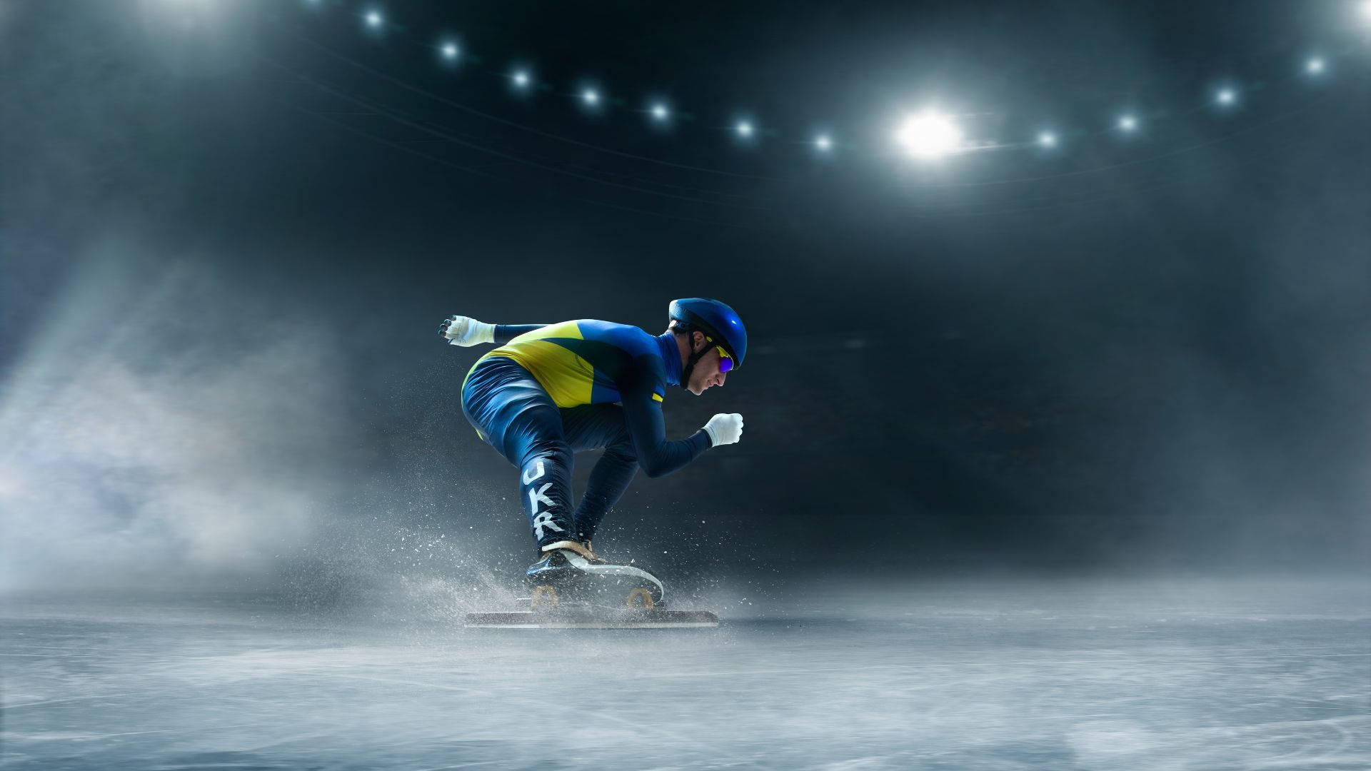 speed skating, ice arena, blue and yellow gear, Full HD Desktop Wallpaper