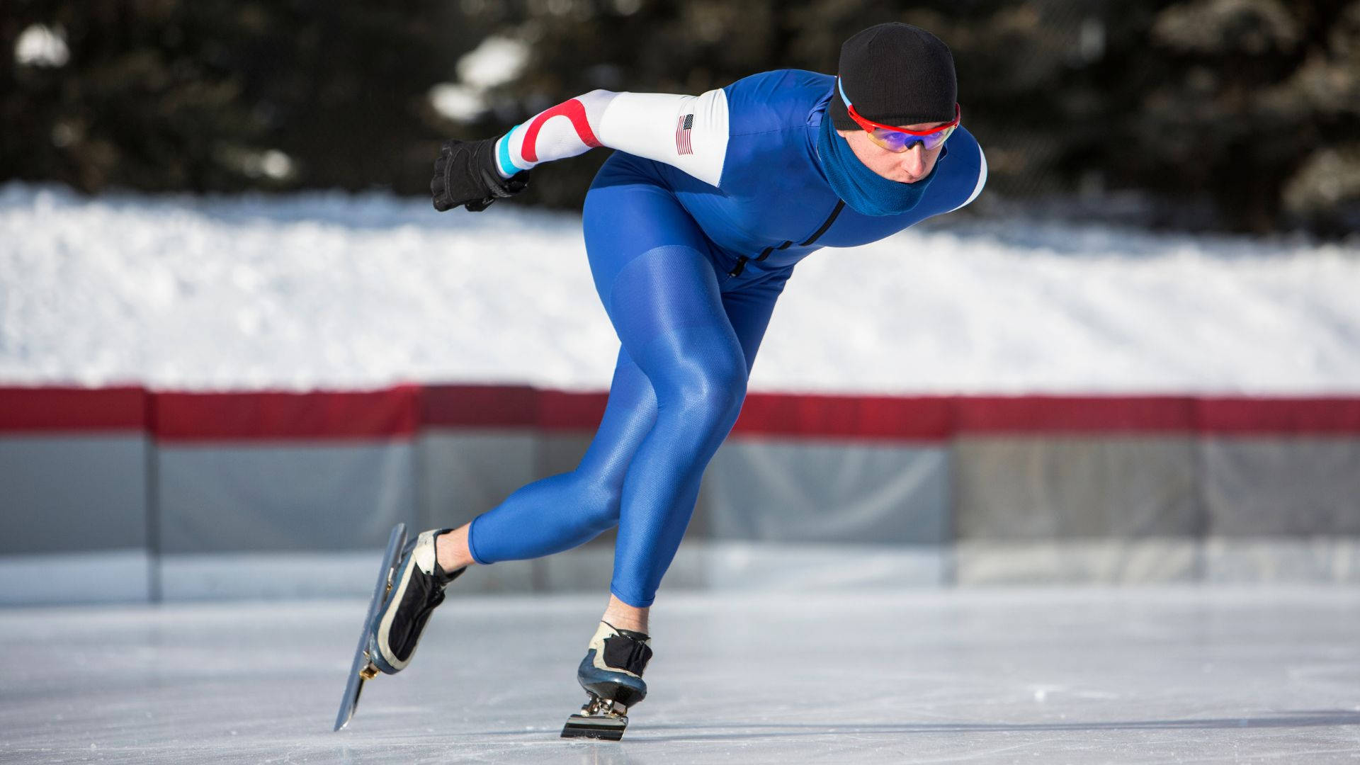 blue suit, outdoor ice rink, snowbanks, Full HD Desktop Wallpaper
