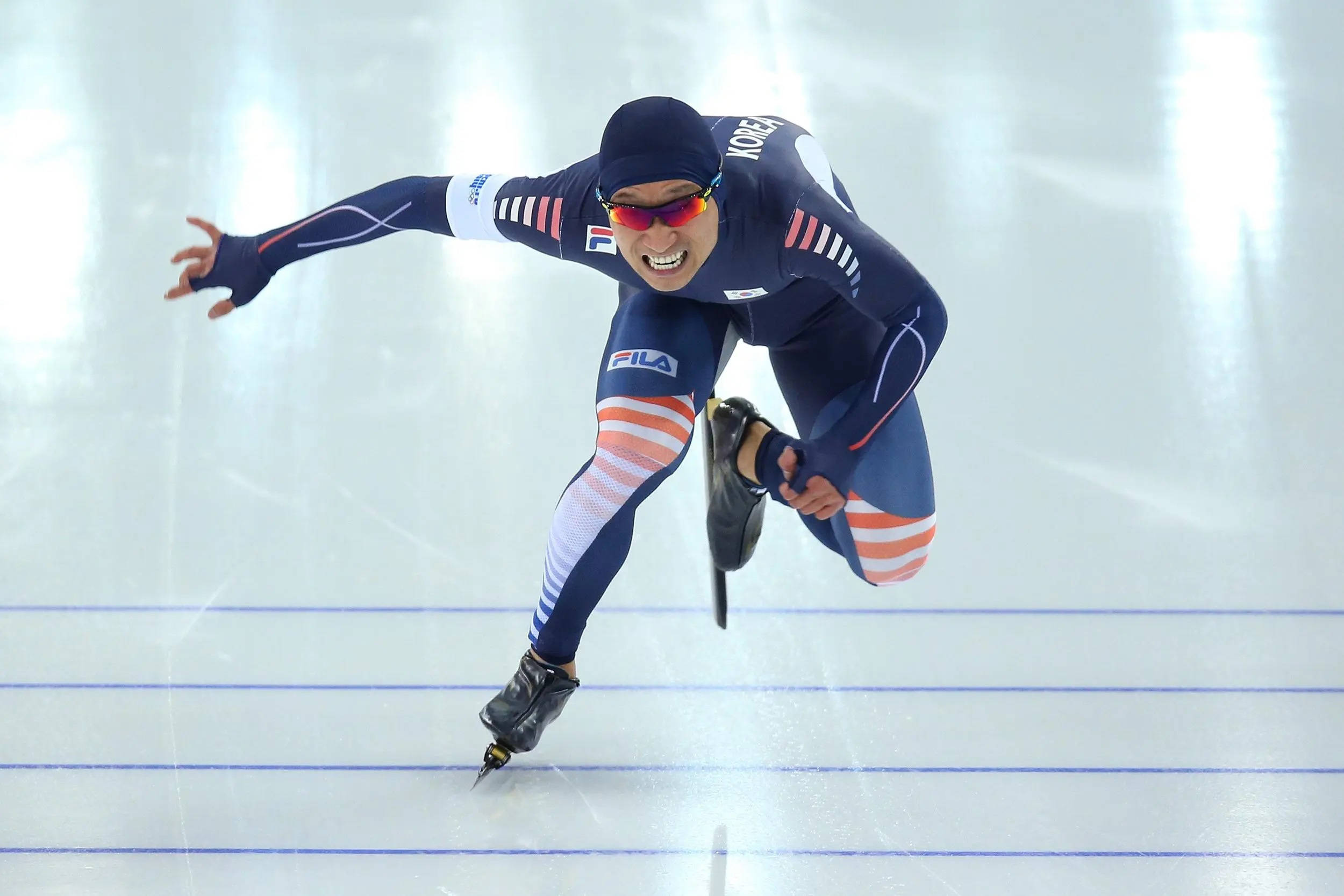 500m race, speed skating, blue and orange uniform, Full HD Desktop Wallpaper