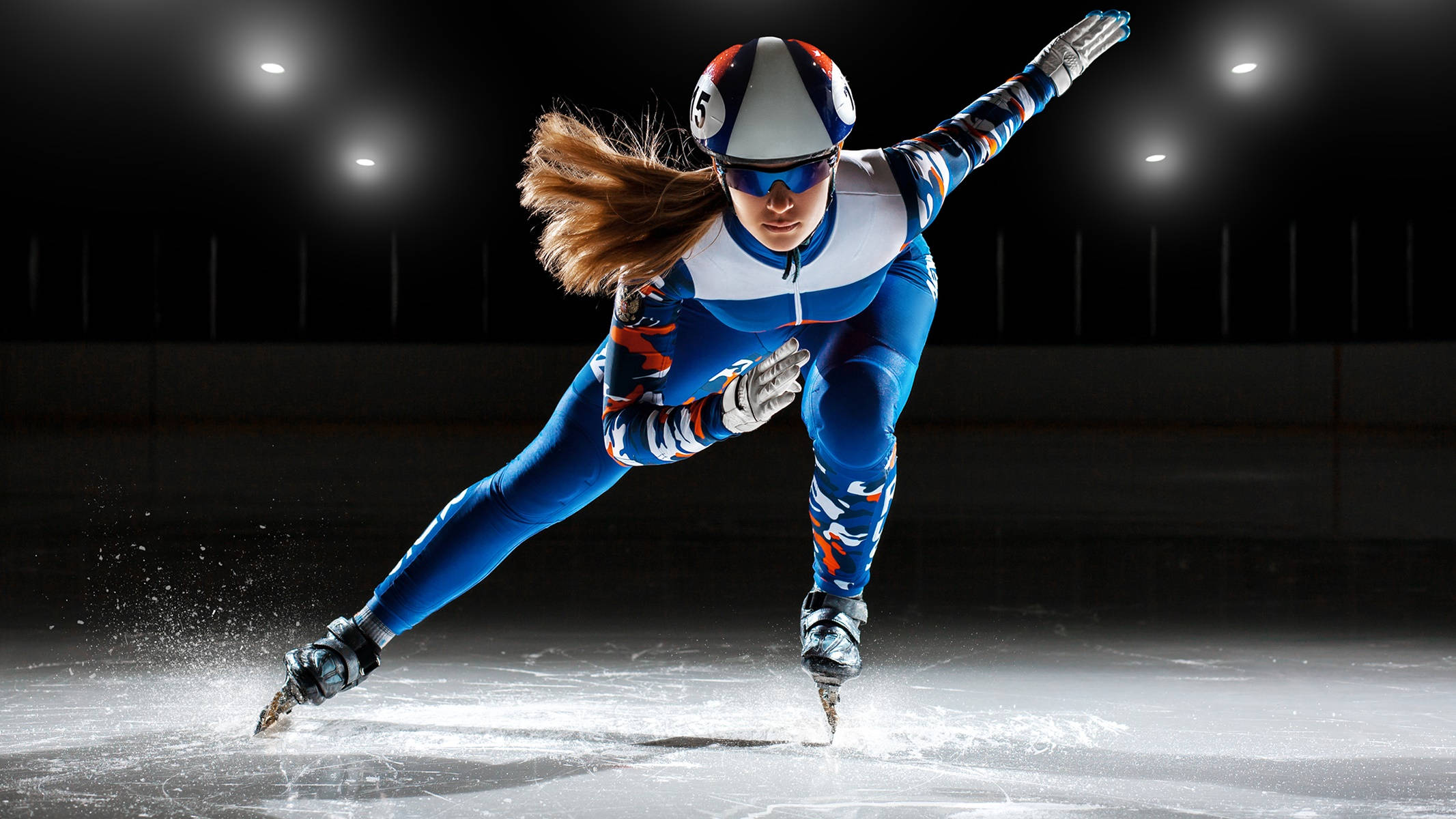 speed skating, female speed skater, blue and white gear, Full HD Desktop Wallpaper