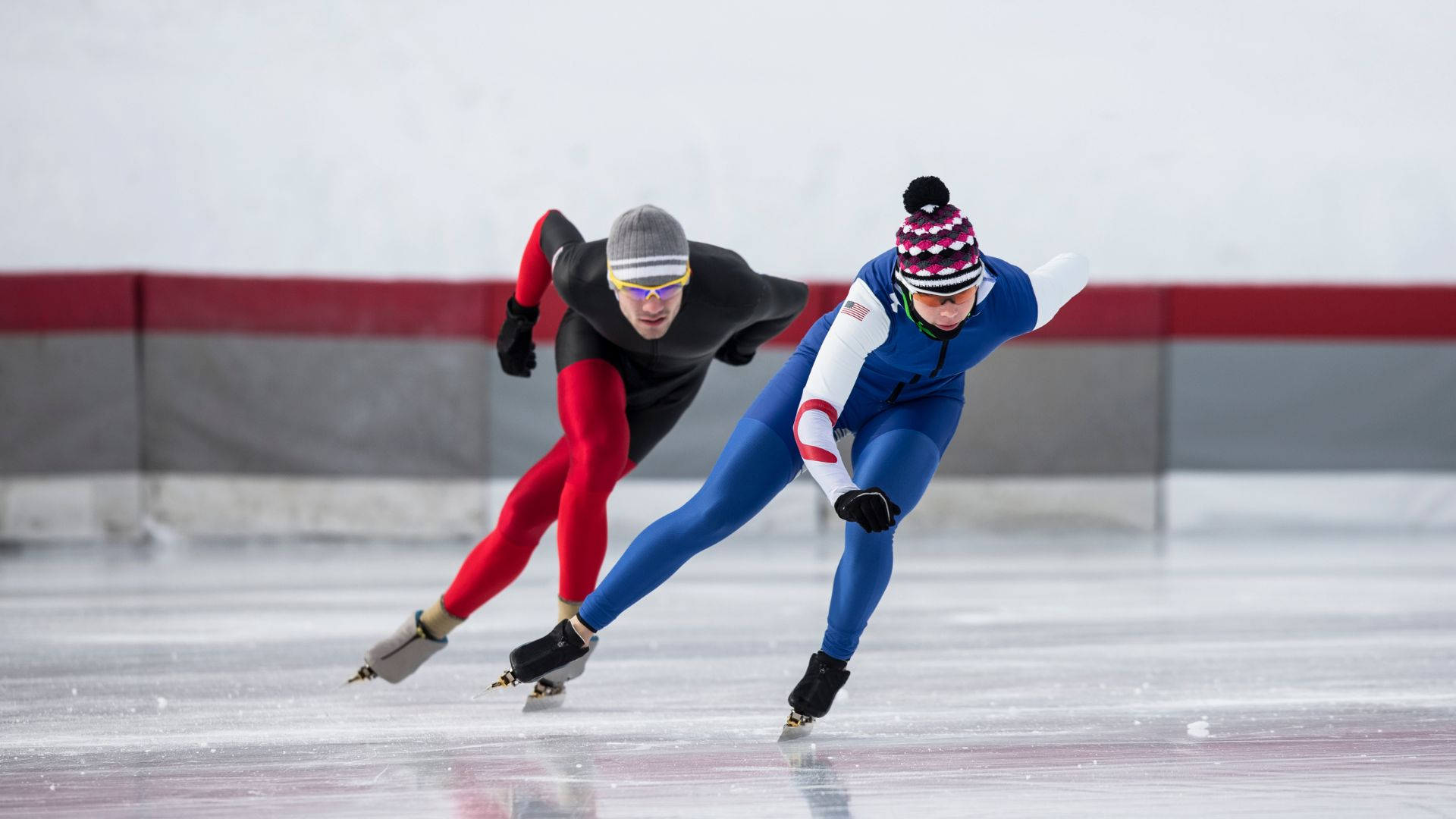 speed skaters, ice rink, red pants, Full HD Desktop Wallpaper