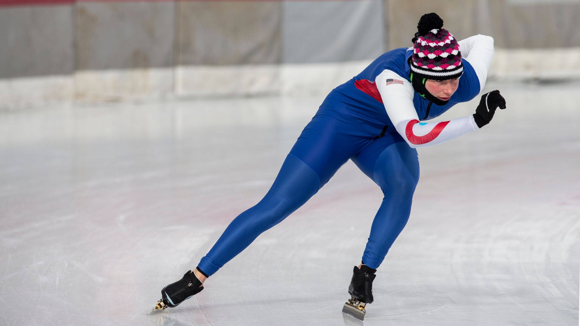 speed skater, blue USA uniform, indoor ice rink, Full HD Desktop Wallpaper