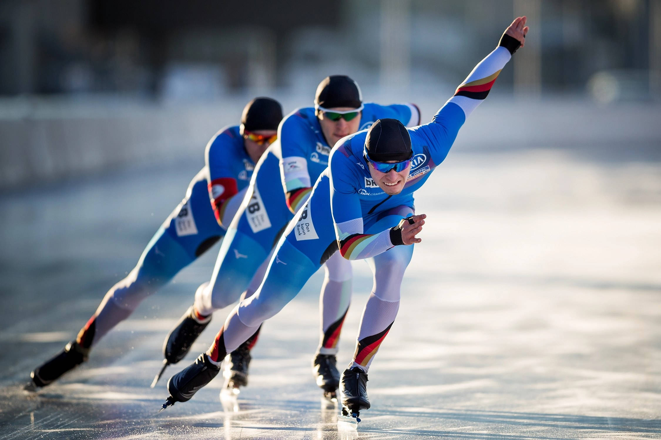 speed skaters, blue suits, ice rink, Full HD Desktop Wallpaper