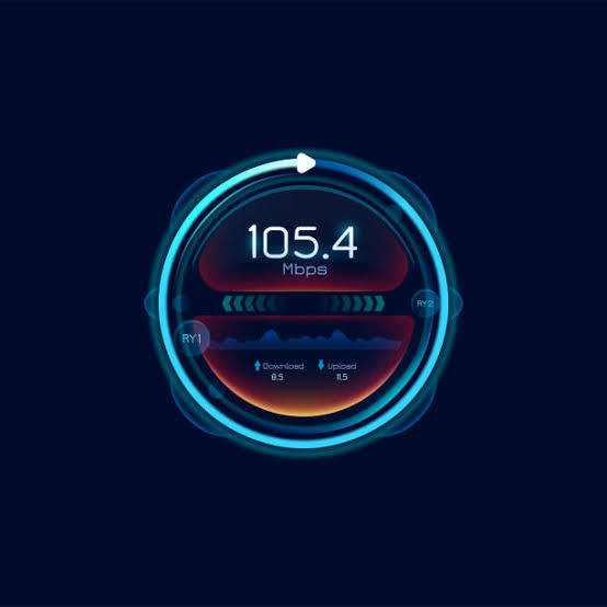 blue and orange speed test, 105.4 Mbps, glowing futuristic circular interface, SD Desktop Wallpaper