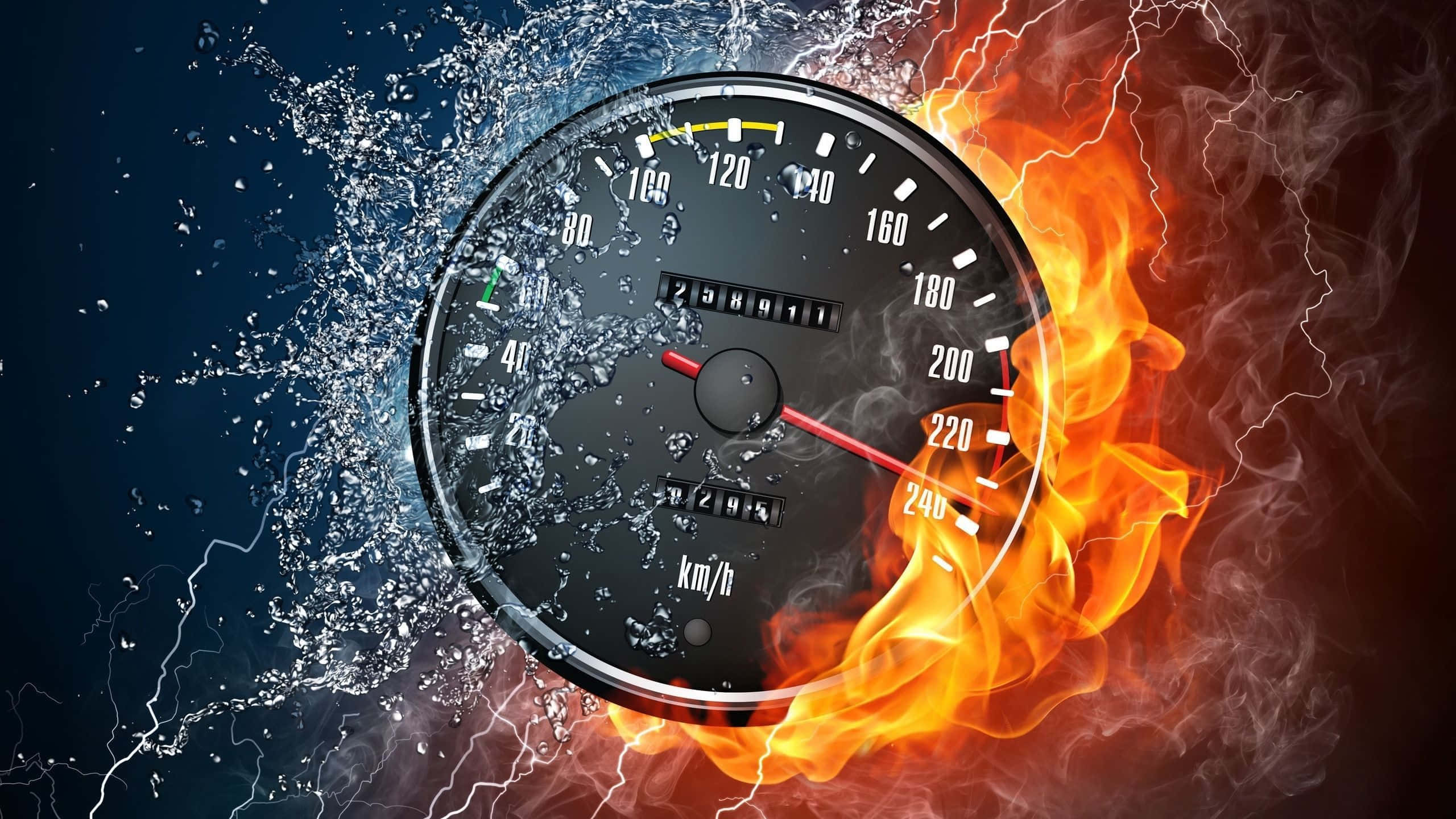 speedometer, roaring flames, splashing water, 2K Desktop Wallpaper