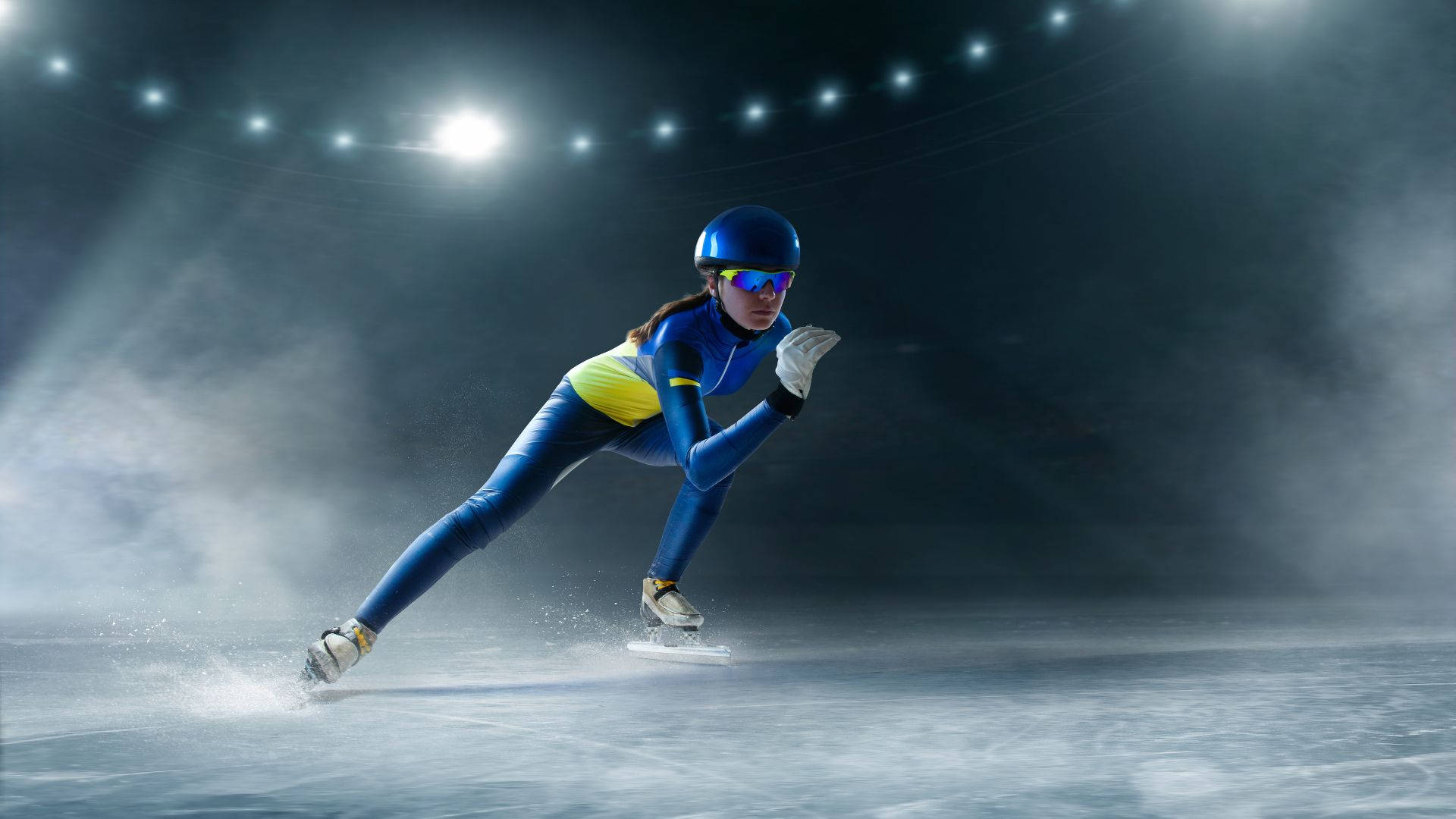 speed skating competition, blue and yellow gear, ice rink, Full HD Desktop Wallpaper