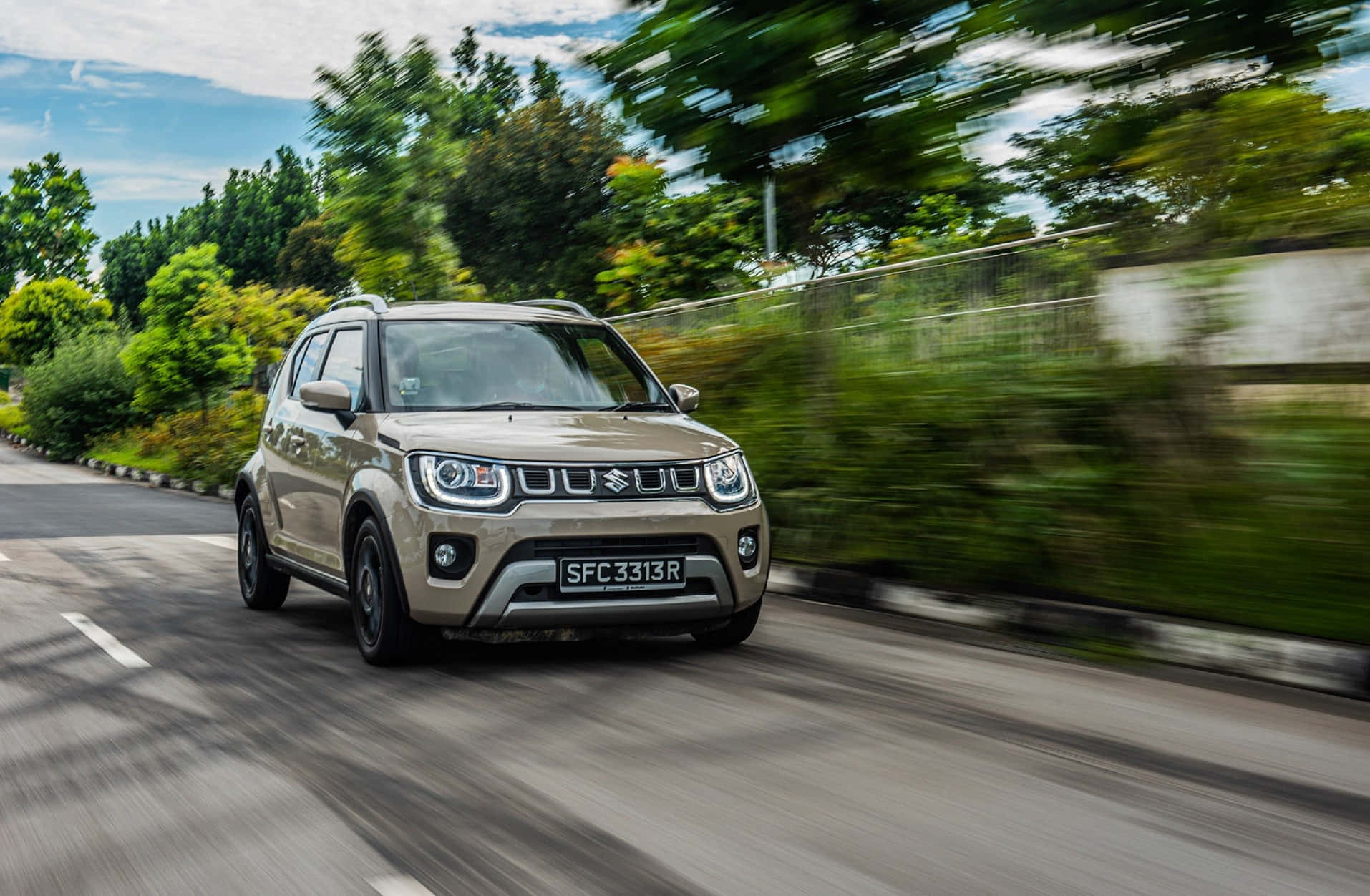 beige Suzuki Jimny SUV, tree-lined road, motion blur, HD Desktop Wallpaper
