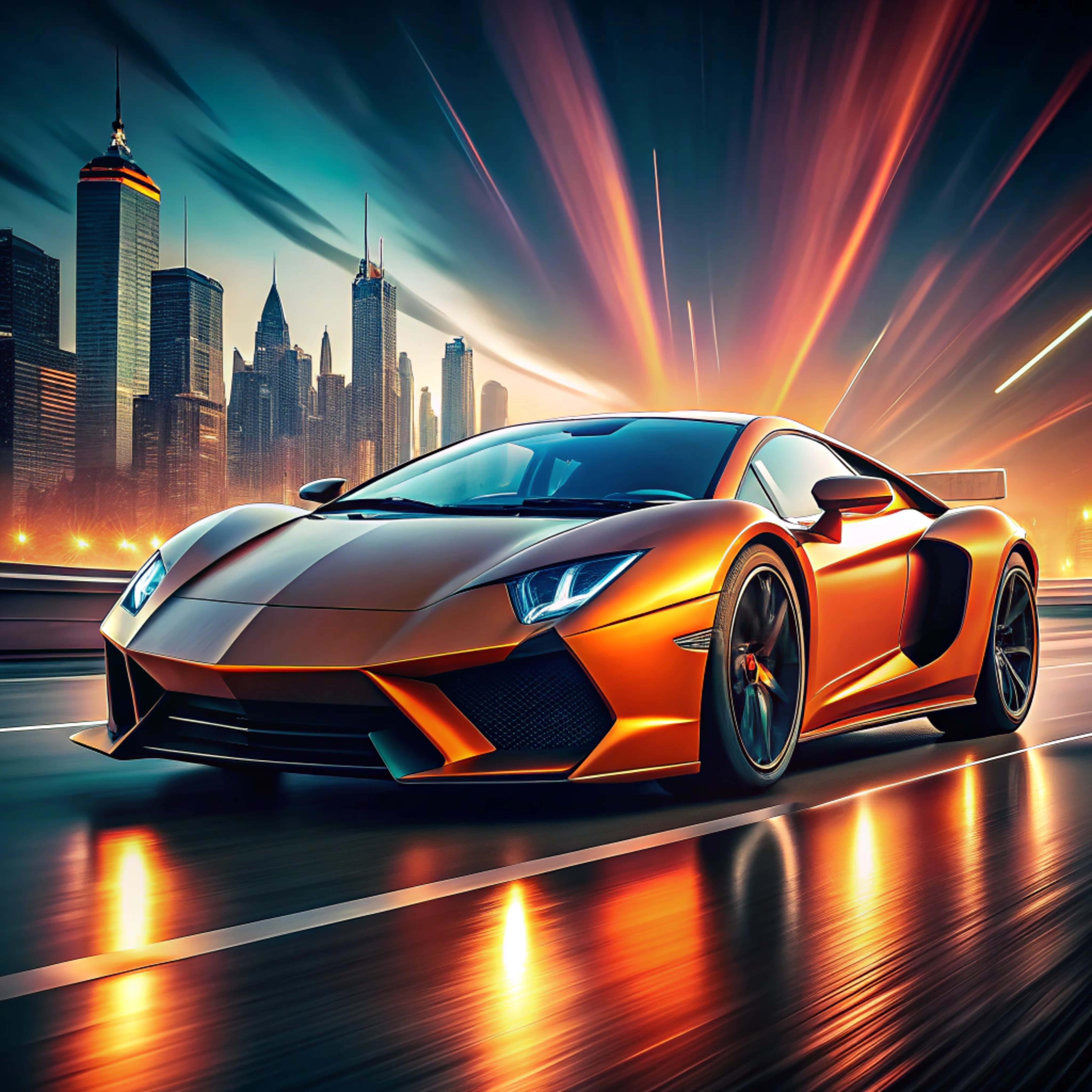 orange sports car, wet city highway, vibrant neon sky, 8K Desktop Wallpaper